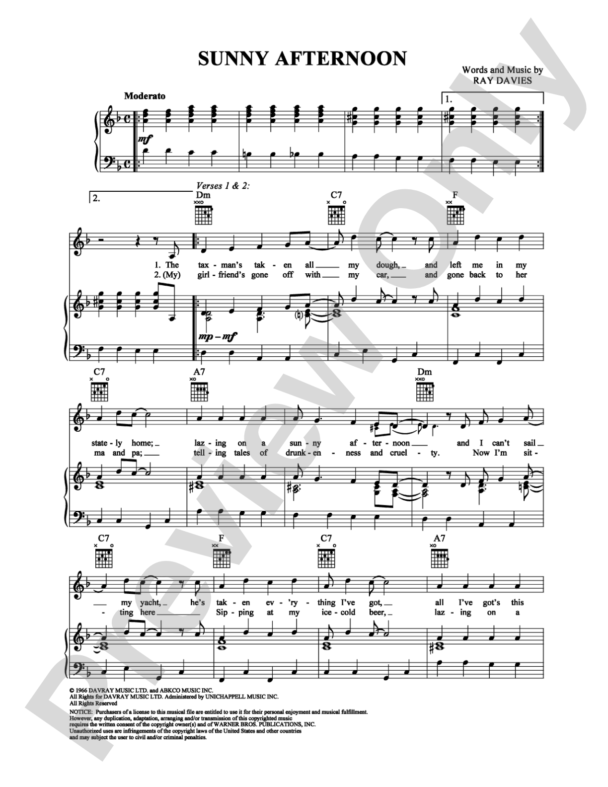 Sunny Afternoon: Piano/Vocal/Chords Digital Sheet Music