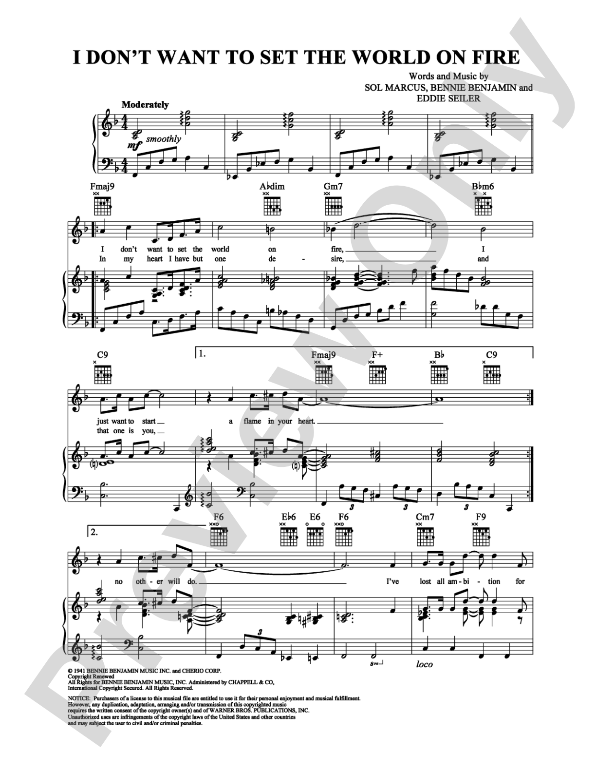 I Don't Want to Set the World on Fire: Piano/Vocal/Chords Digital Sheet Music