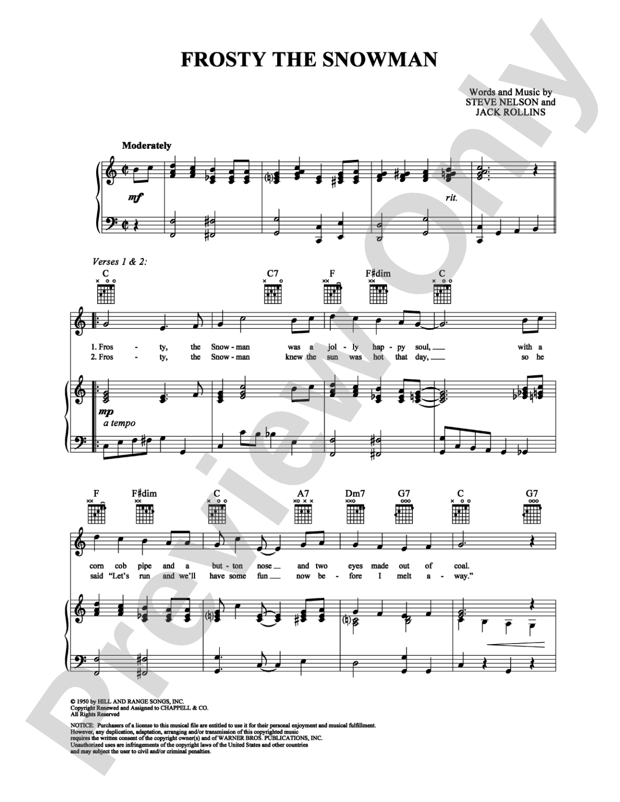 Frosty the Snowman: Piano/Vocal/Chords Digital Sheet Music