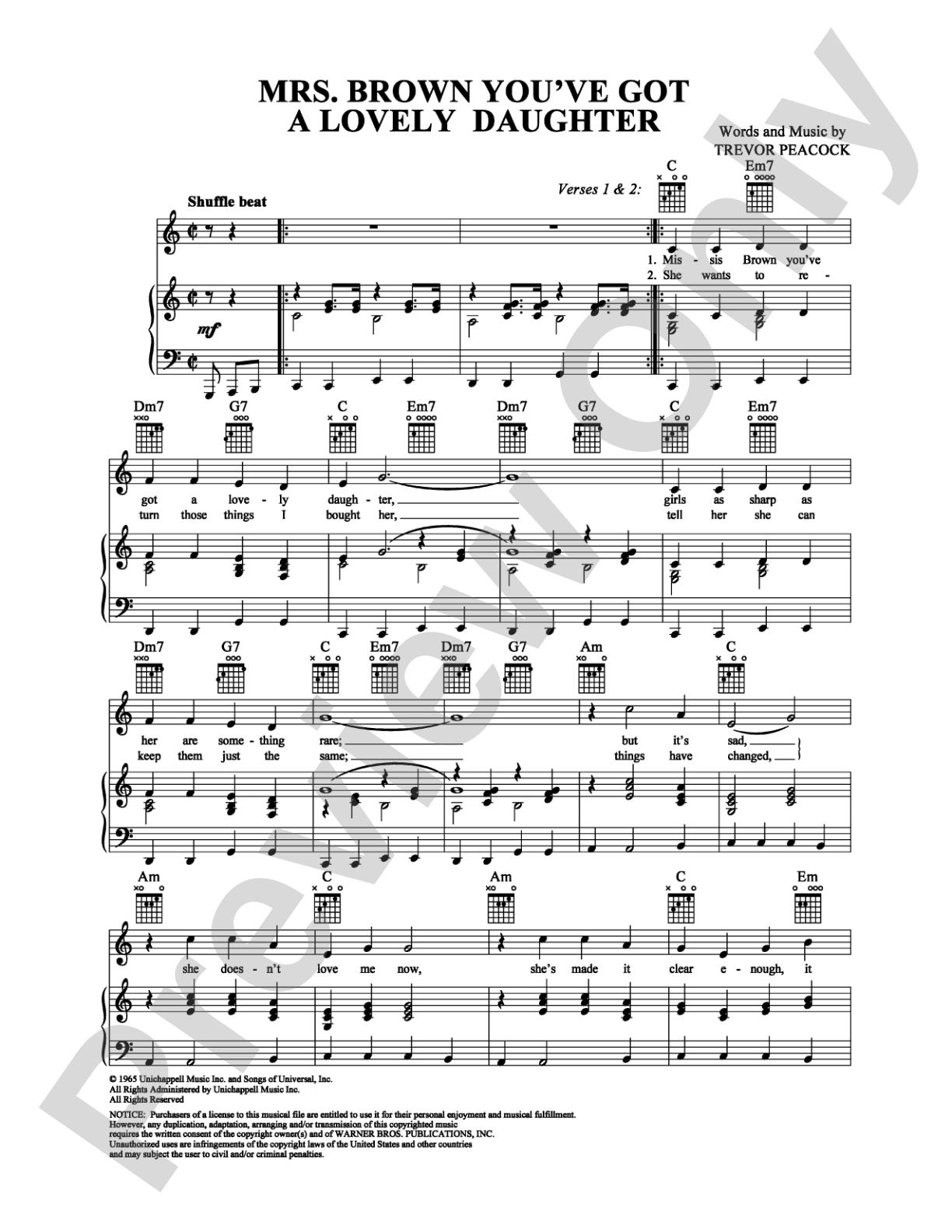 Mrs. Brown You've Got a Lovely Daughter: Piano/Vocal/Chords Digital Sheet Music