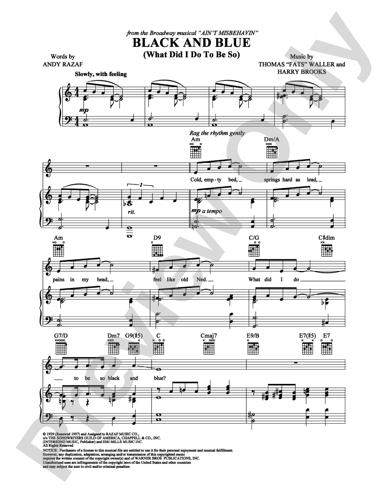 (What Did I Do To Be So) Black and Blue: Piano/Vocal/Chords Digital Sheet Music
