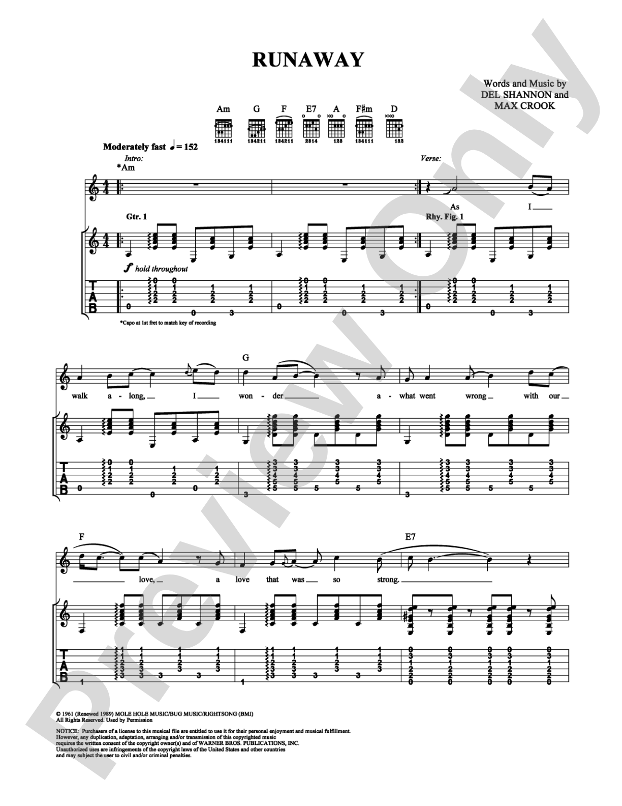 Runaway: Easy Guitar Digital Sheet Music