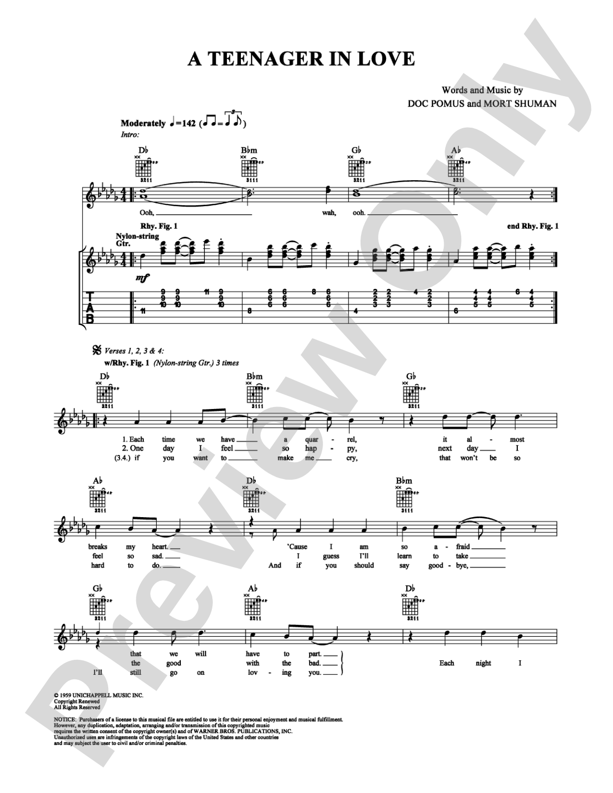 A Teenager in Love: Guitar TAB Digital Sheet Music