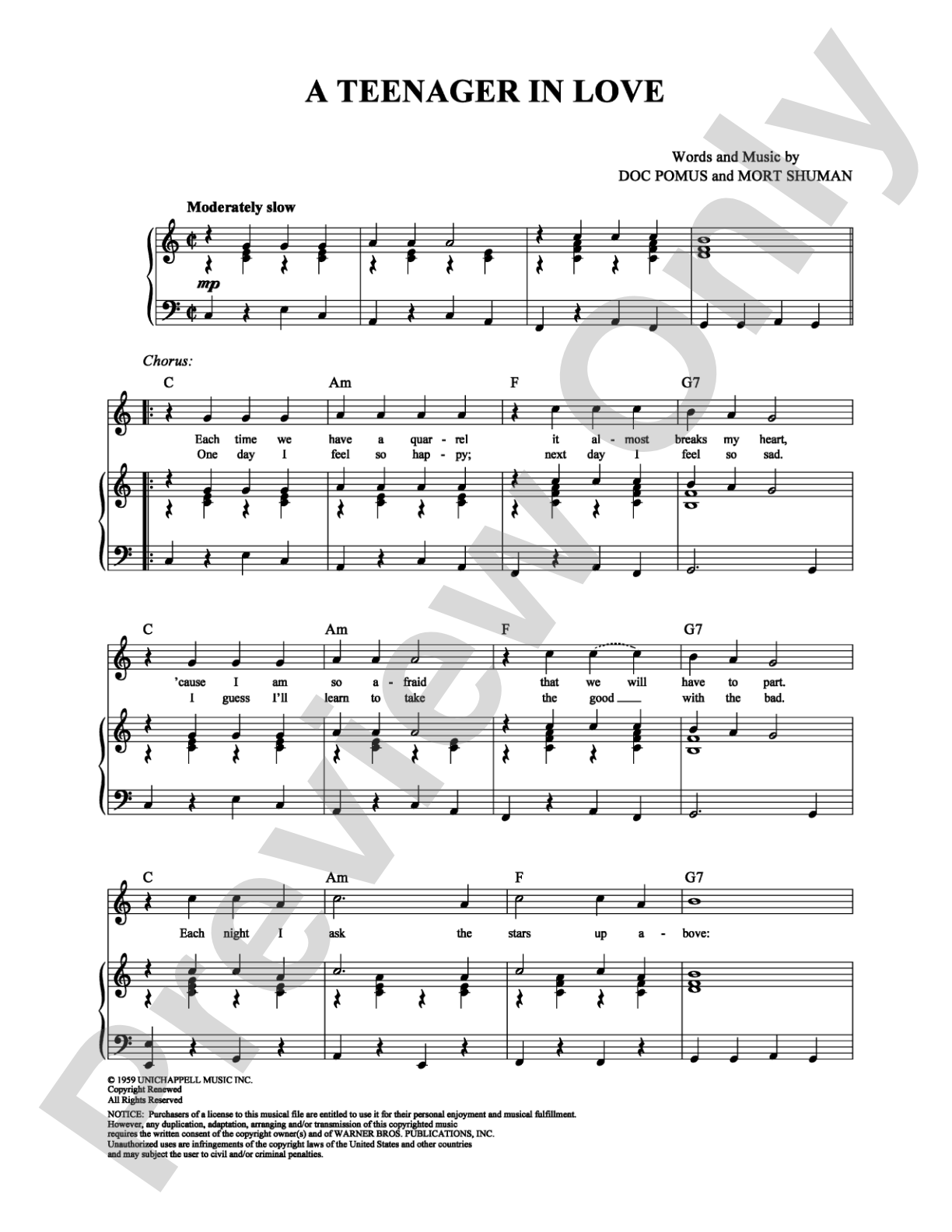 A Teenager in Love: Piano/Vocal/Chords Digital Sheet Music