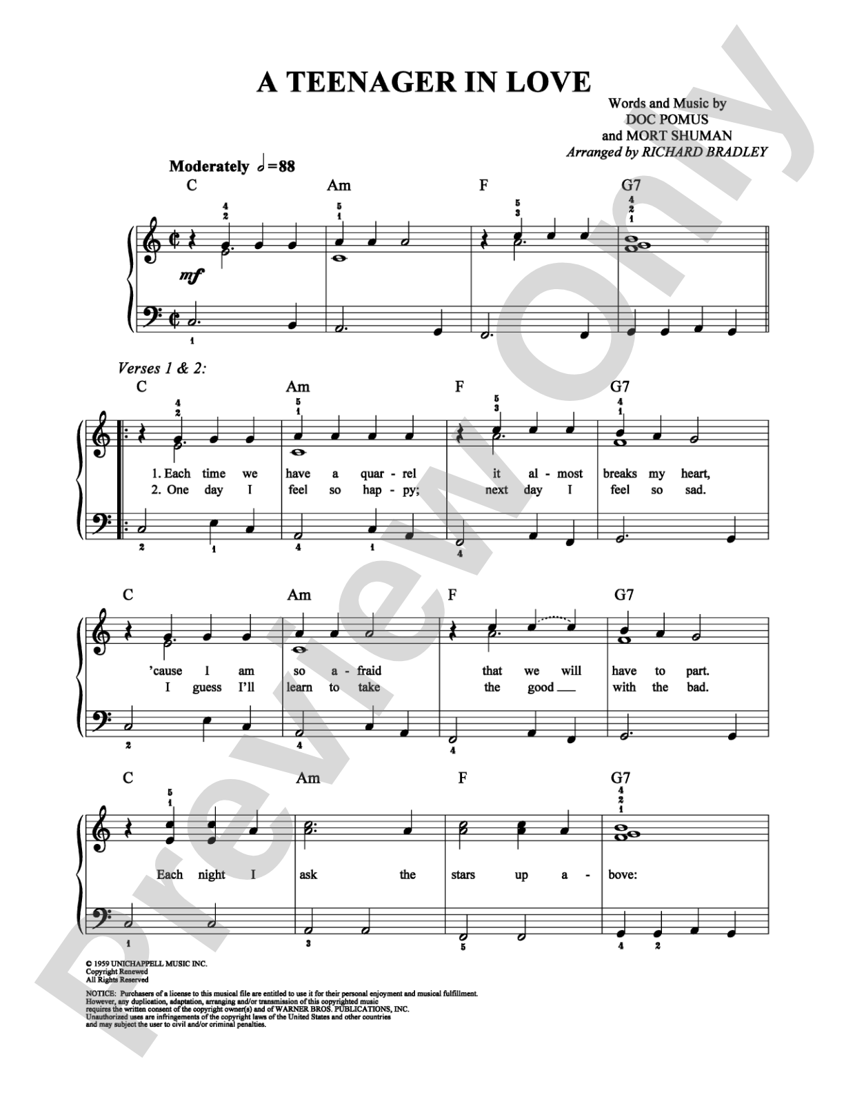 A Teenager in Love: Easy Piano Digital Sheet Music