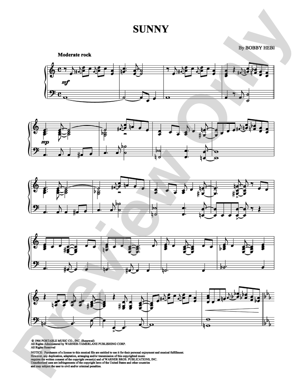 Sunny: Piano Digital Sheet Music
