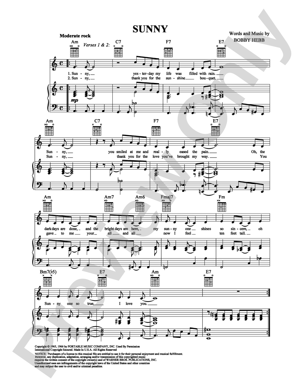 Sunny: Piano/Vocal/Chords Digital Sheet Music