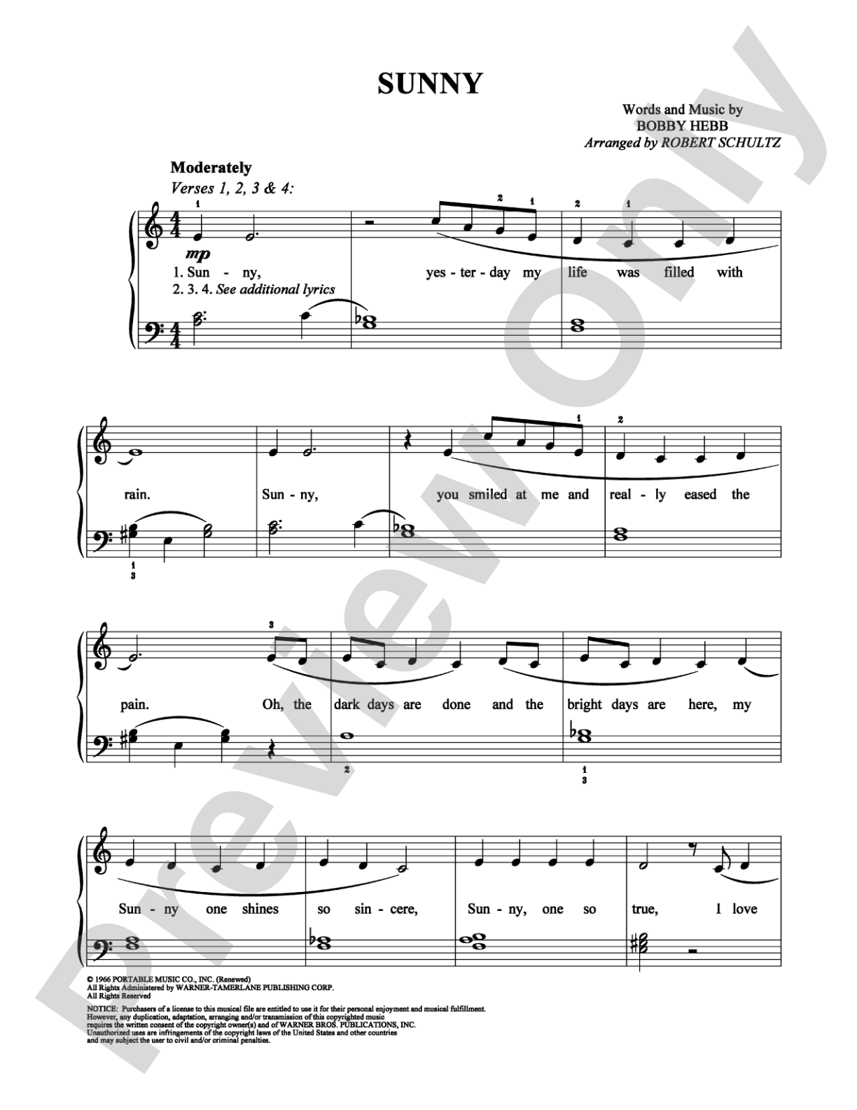 Sunny: Easy Piano Digital Sheet Music