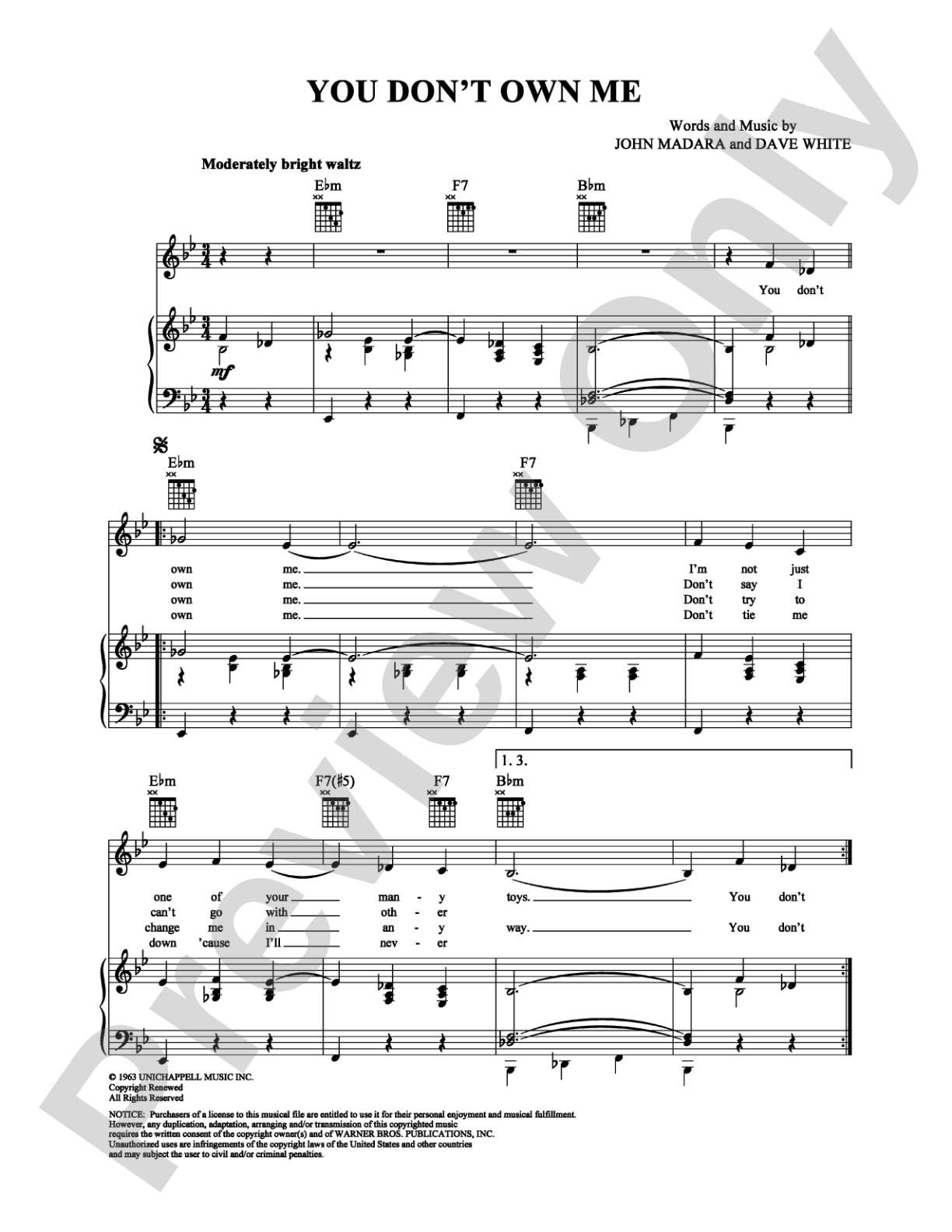 You Don't Own Me: Piano/Vocal/Chords Digital Sheet Music
