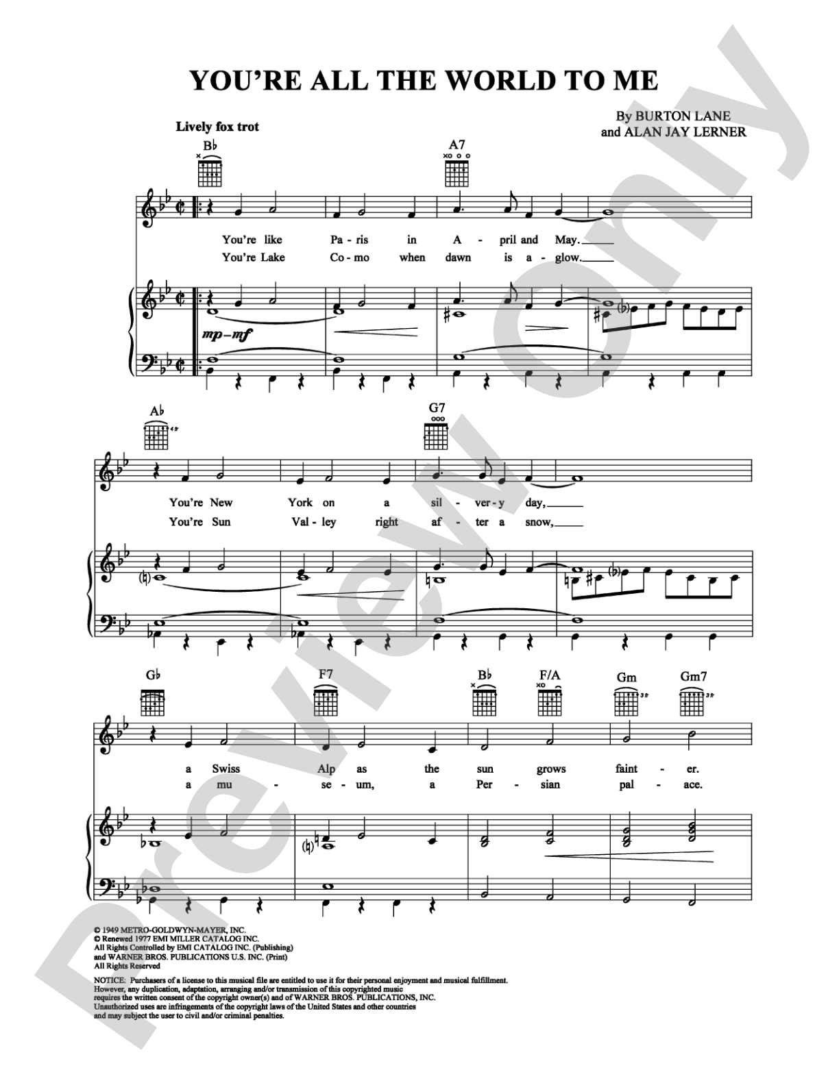 You're All the World to Me: Piano/Vocal/Chords Digital Sheet Music