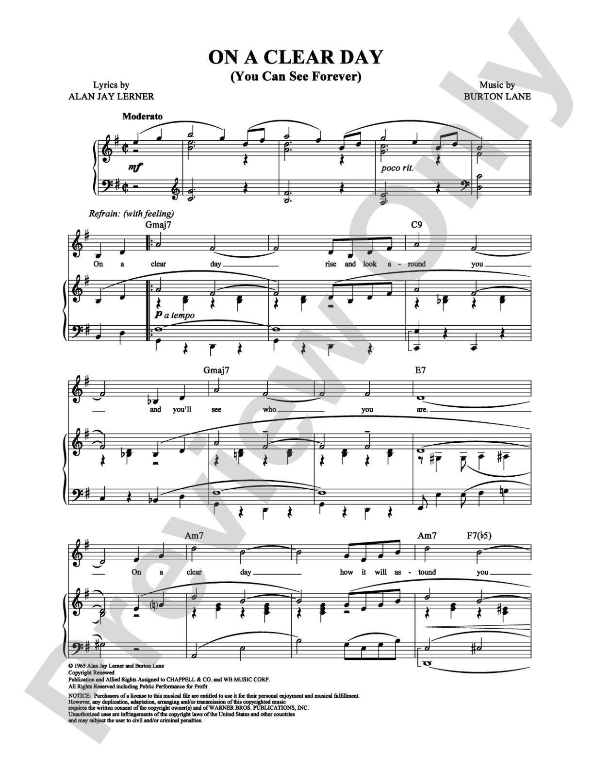 On a Clear Day (You Can See Forever): Piano/Vocal/Chords Digital Sheet Music