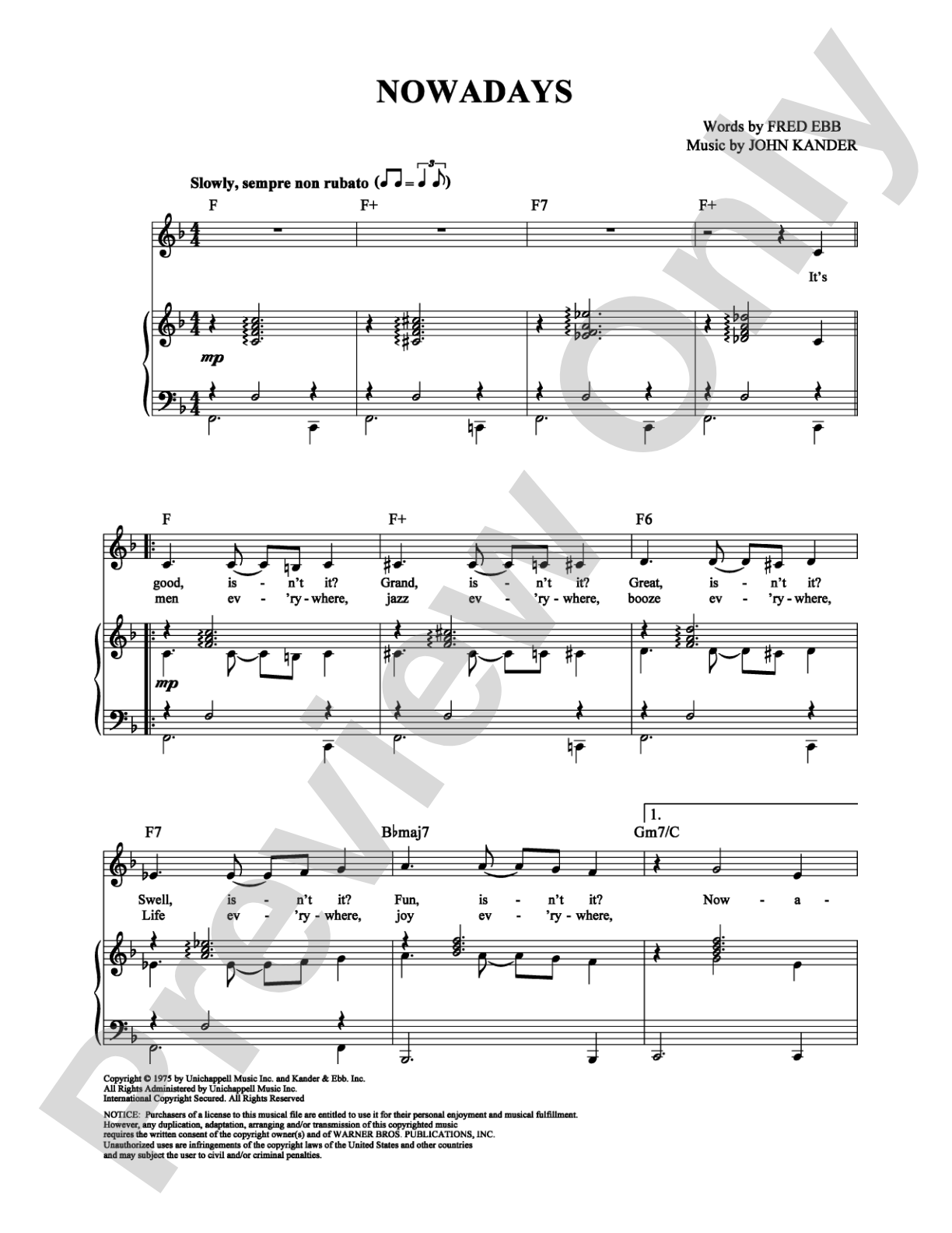 Nowadays: Piano/Vocal/Chords Digital Sheet Music
