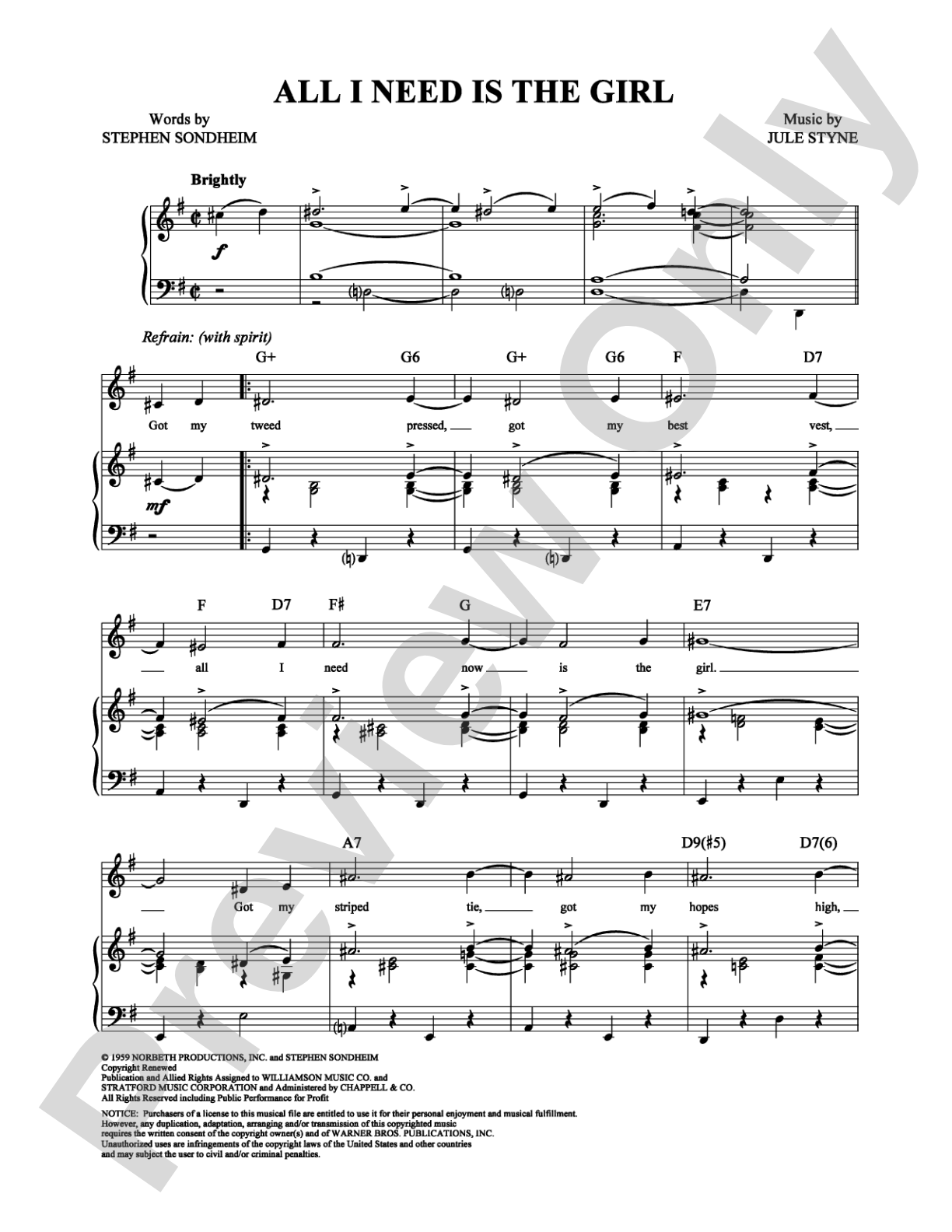 All I Need Is the Girl: Piano/Vocal/Chords Digital Sheet Music