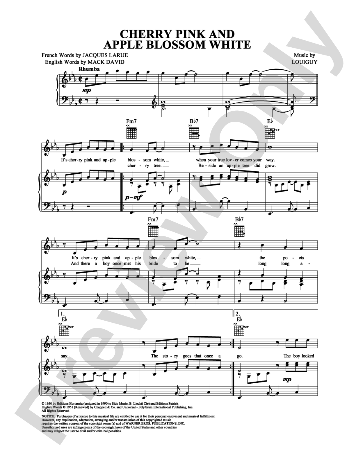 Cherry Pink and Apple Blossom White: Piano/Vocal/Chords Digital Sheet Music