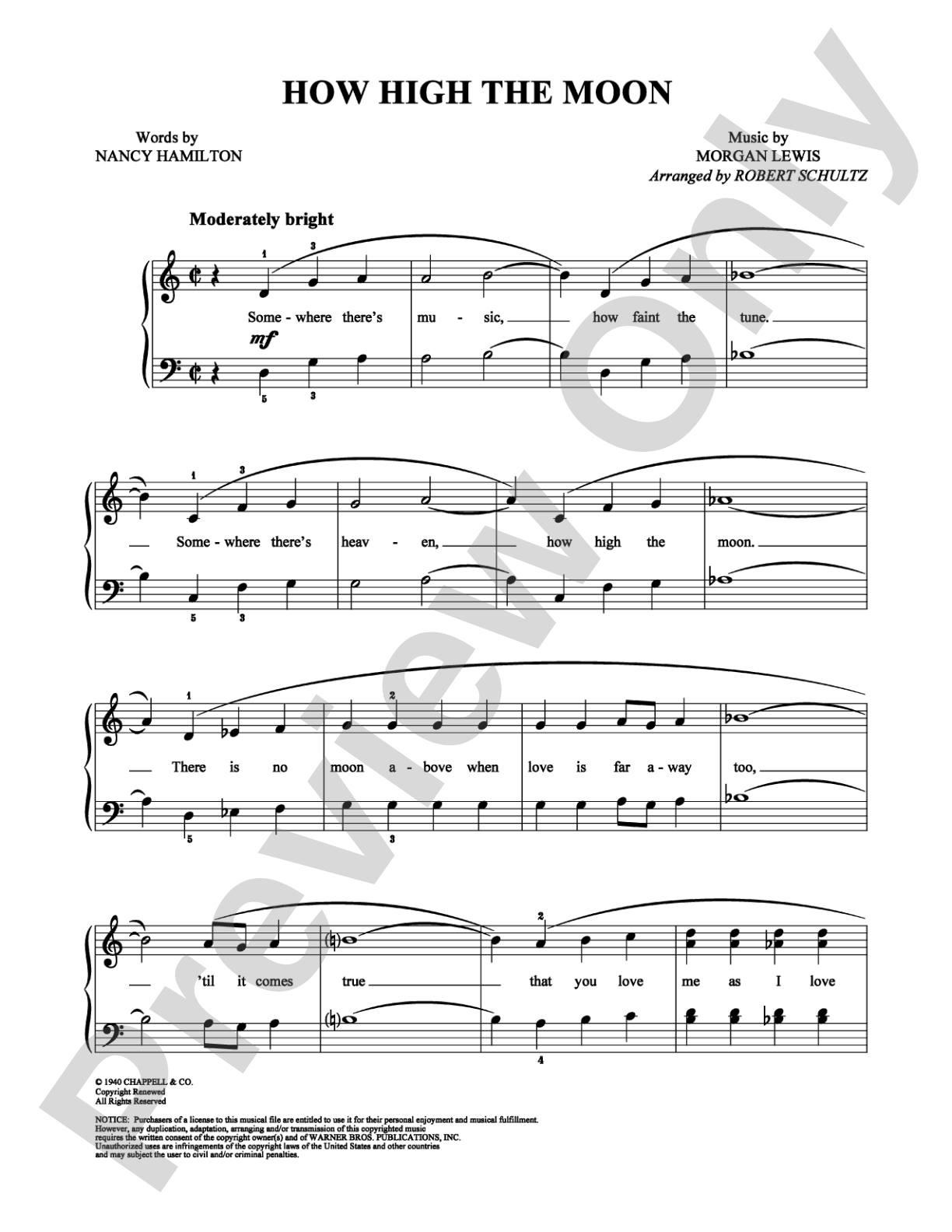 How High the Moon: Easy Piano Digital Sheet Music
