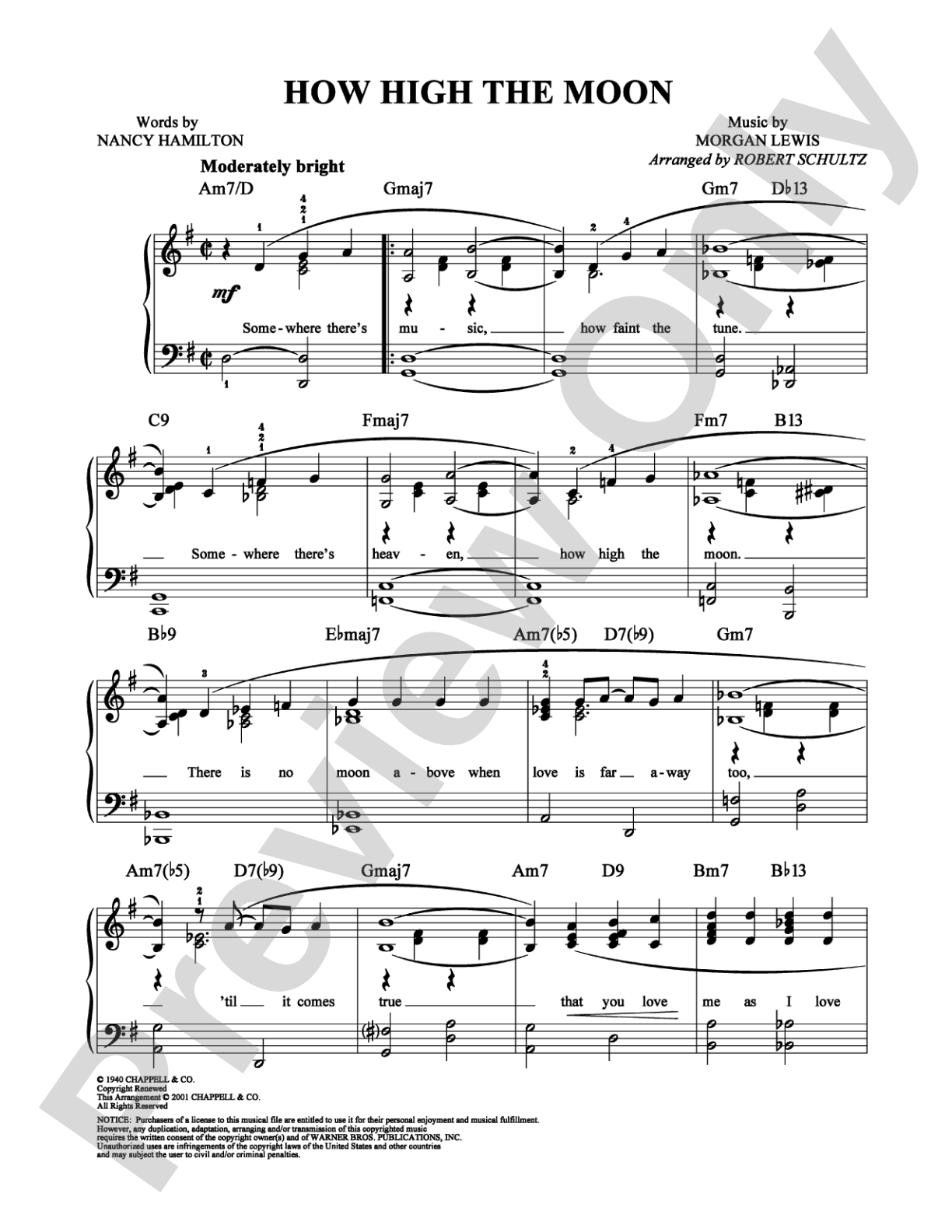 How High the Moon: Piano/Vocal/Chords Digital Sheet Music