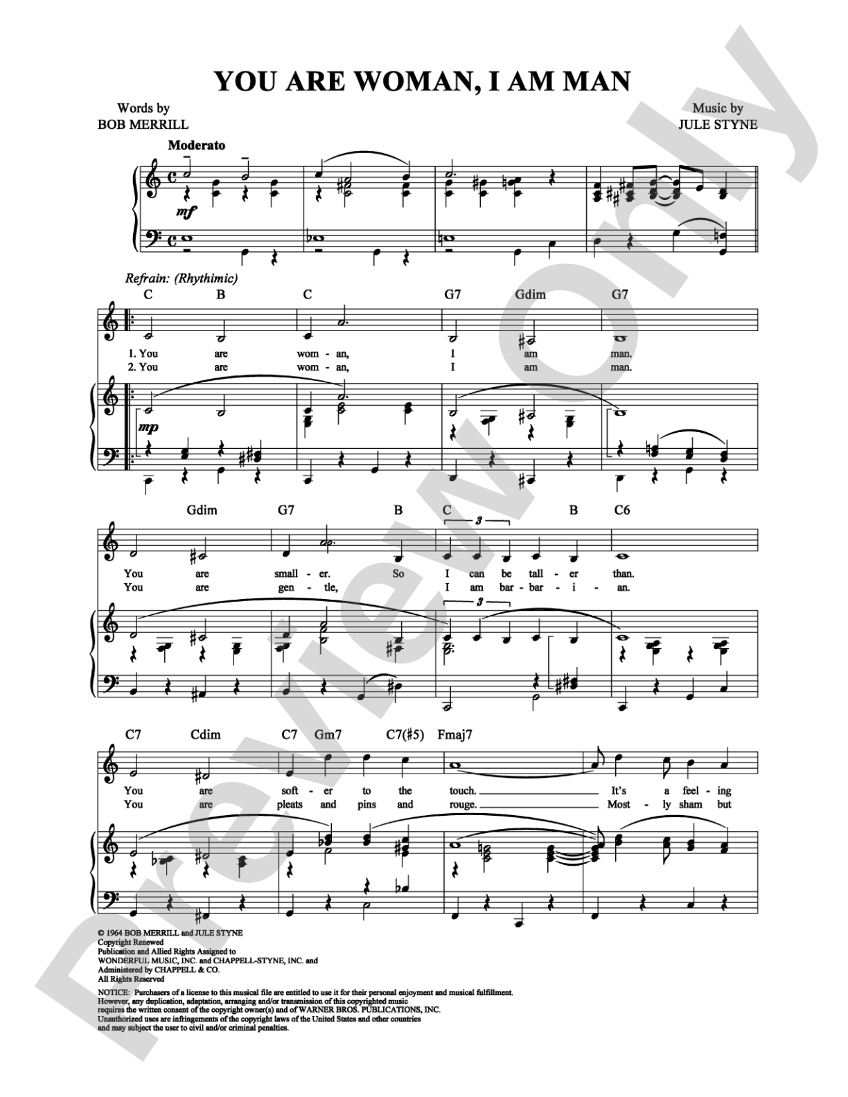 You Are Woman, I Am Man (I Am Woman, You Are Man): Piano/Vocal/Chords Digital Sheet Music