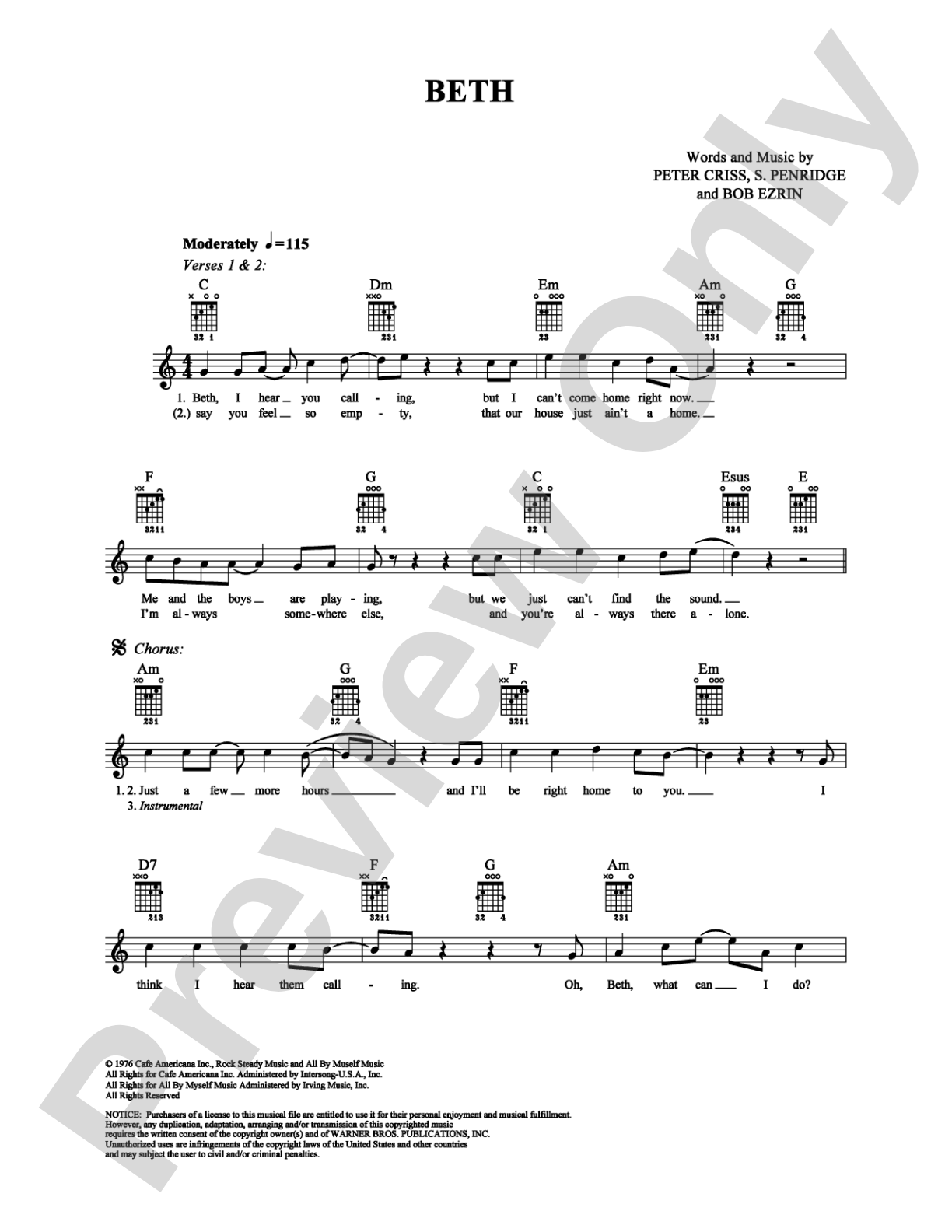 Beth: Easy Guitar Digital Sheet Music