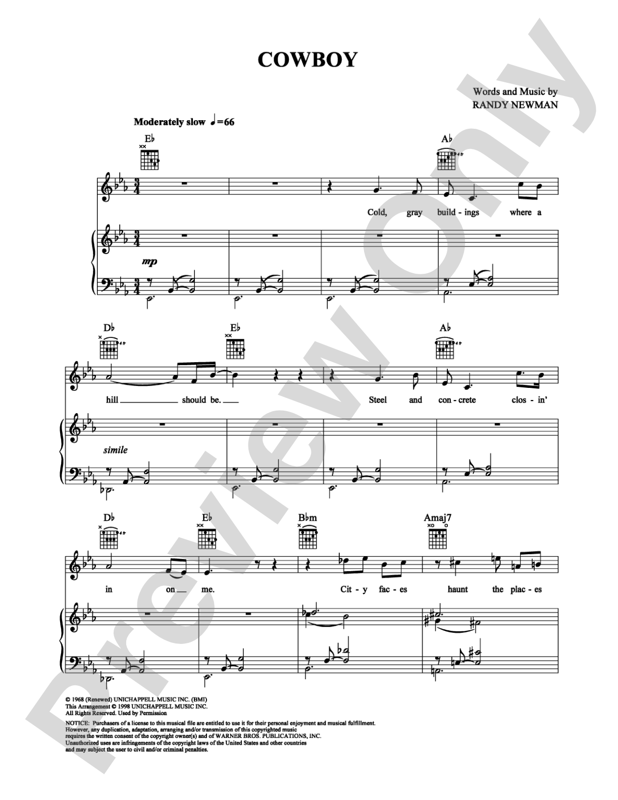 Cowboy: Piano/Vocal/Chords Digital Sheet Music