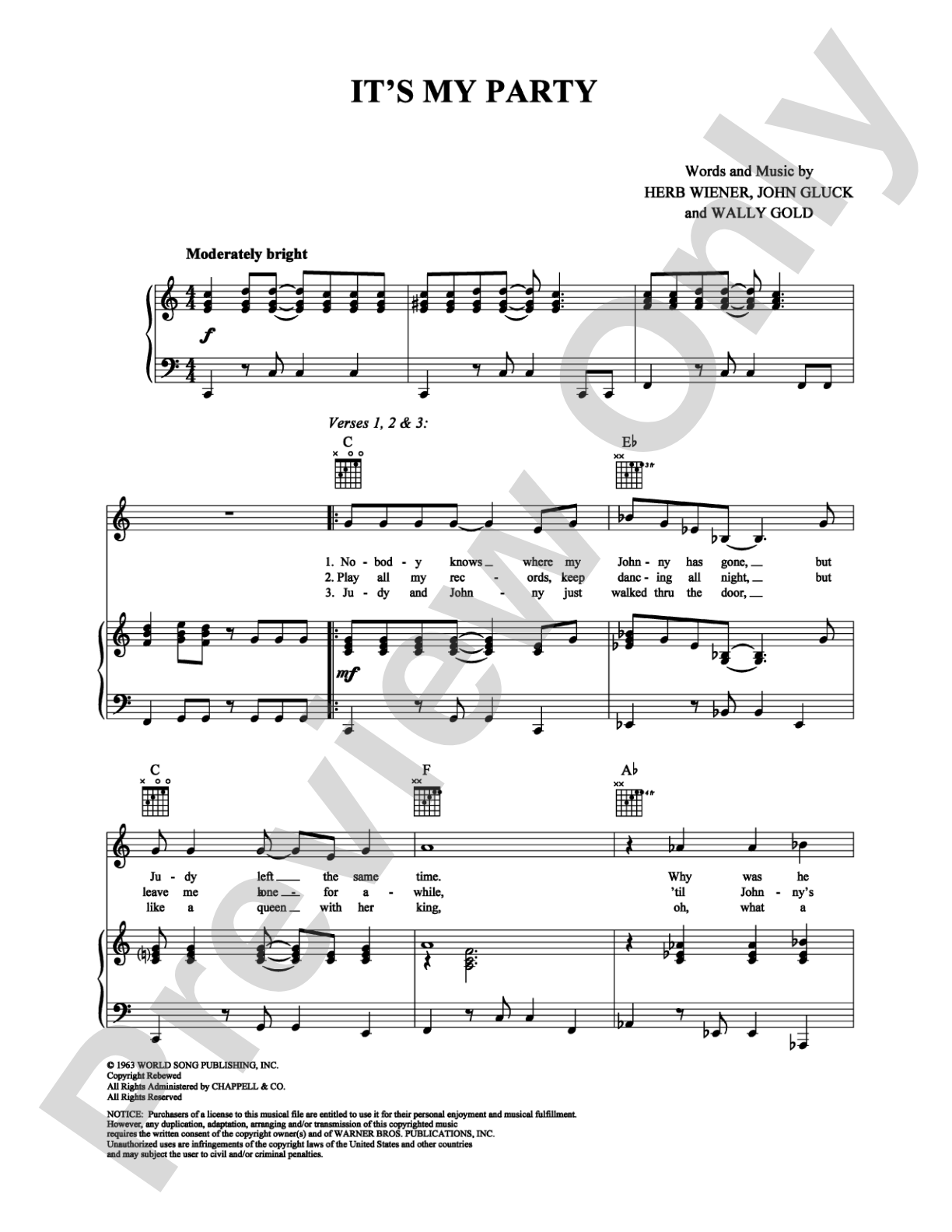 It's My Party: Piano/Vocal/Chords Digital Sheet Music