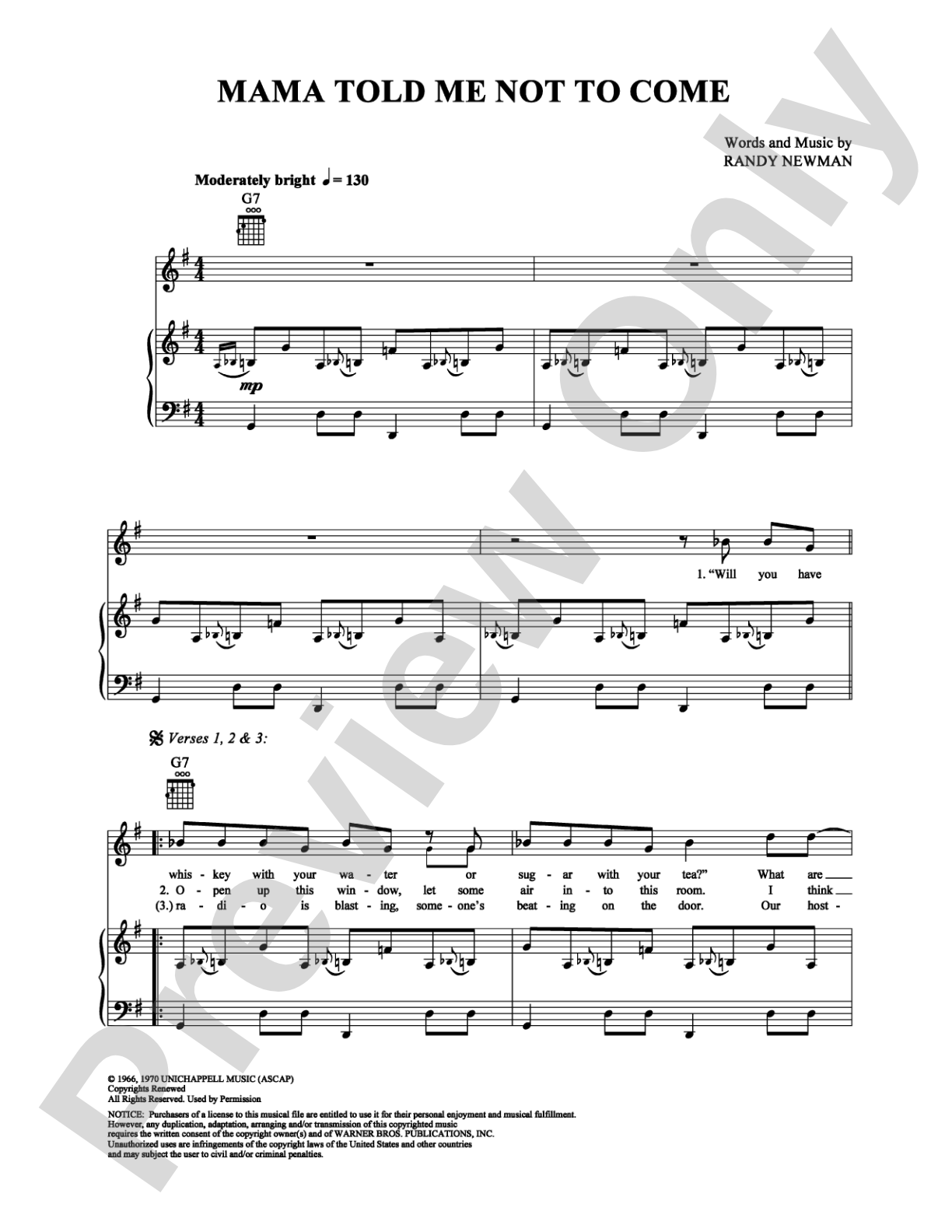 Mama Told Me Not to Come: Piano/Vocal/Chords Digital Sheet Music
