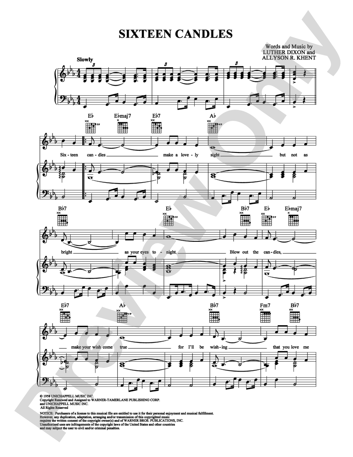Sixteen Candles: Piano/Vocal/Chords Digital Sheet Music