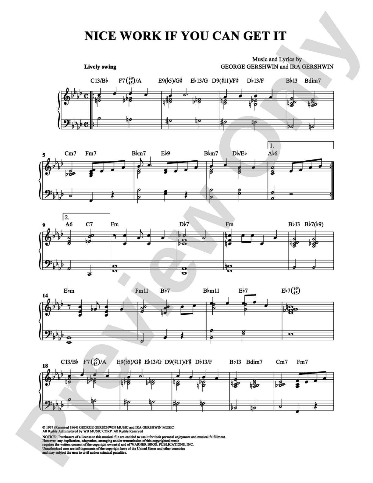 Nice Work If You Can Get It: Piano Digital Sheet Music