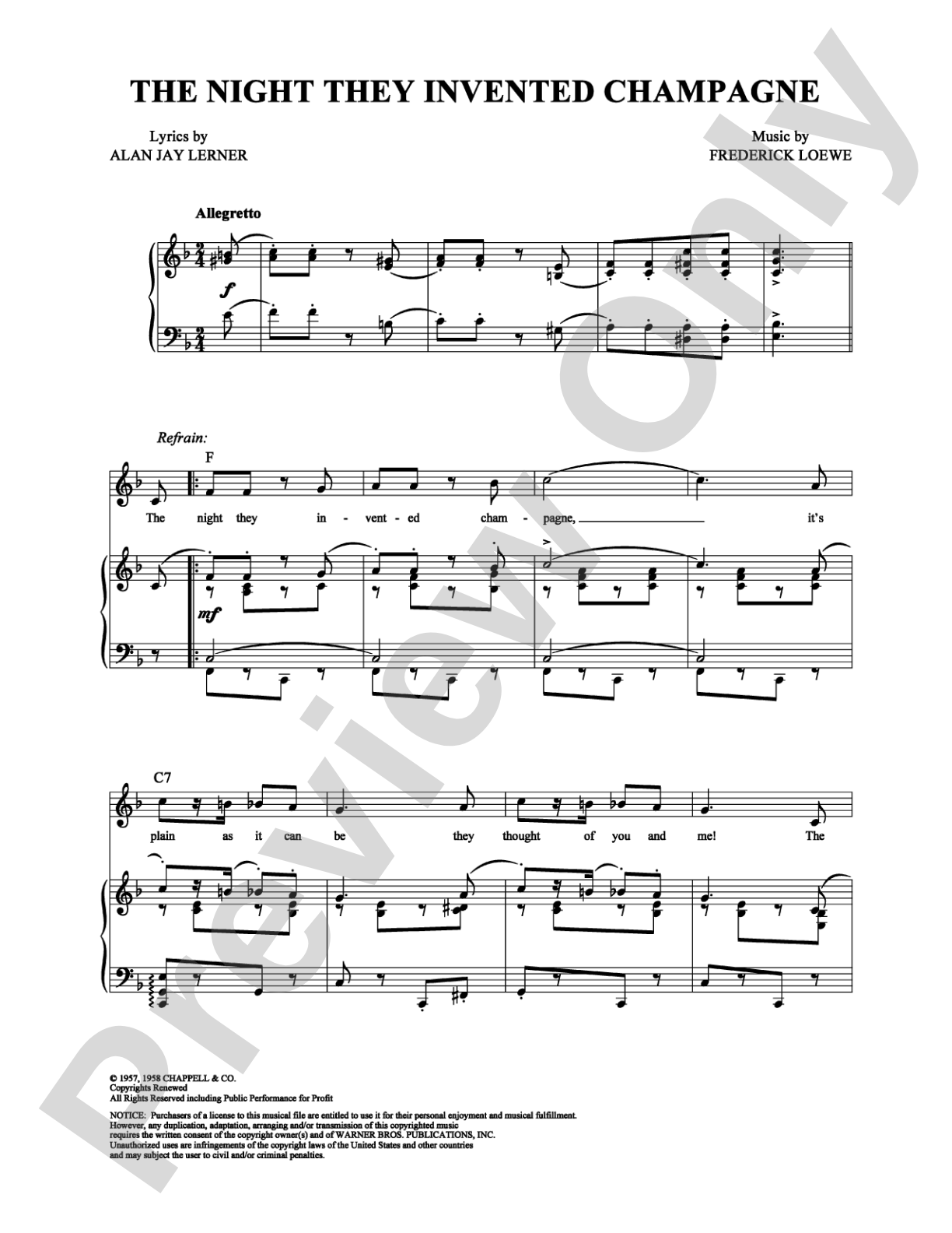 The Night They Invented Champagne: Piano/Vocal/Chords Digital Sheet Music