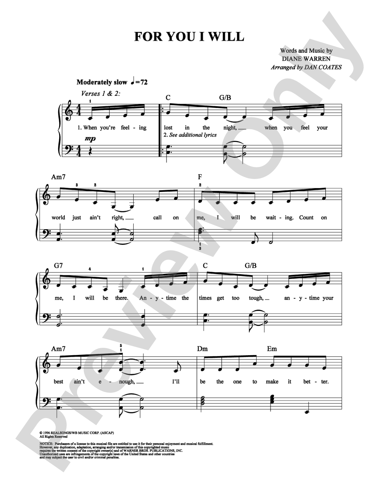 For You I Will: Easy Piano Digital Sheet Music