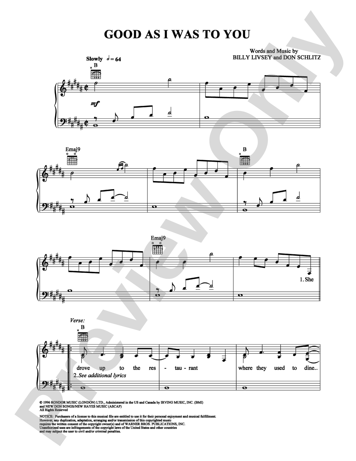 Good As I Was To You: Piano/Vocal/Chords Digital Sheet Music
