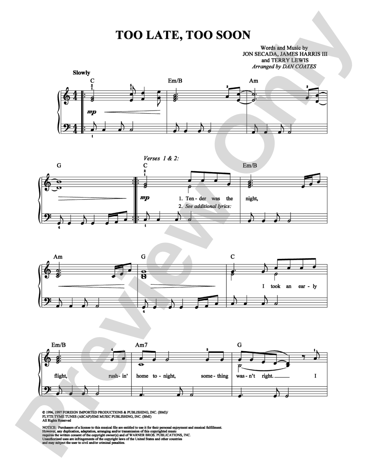 Too Late, Too Soon: Easy Piano Digital Sheet Music