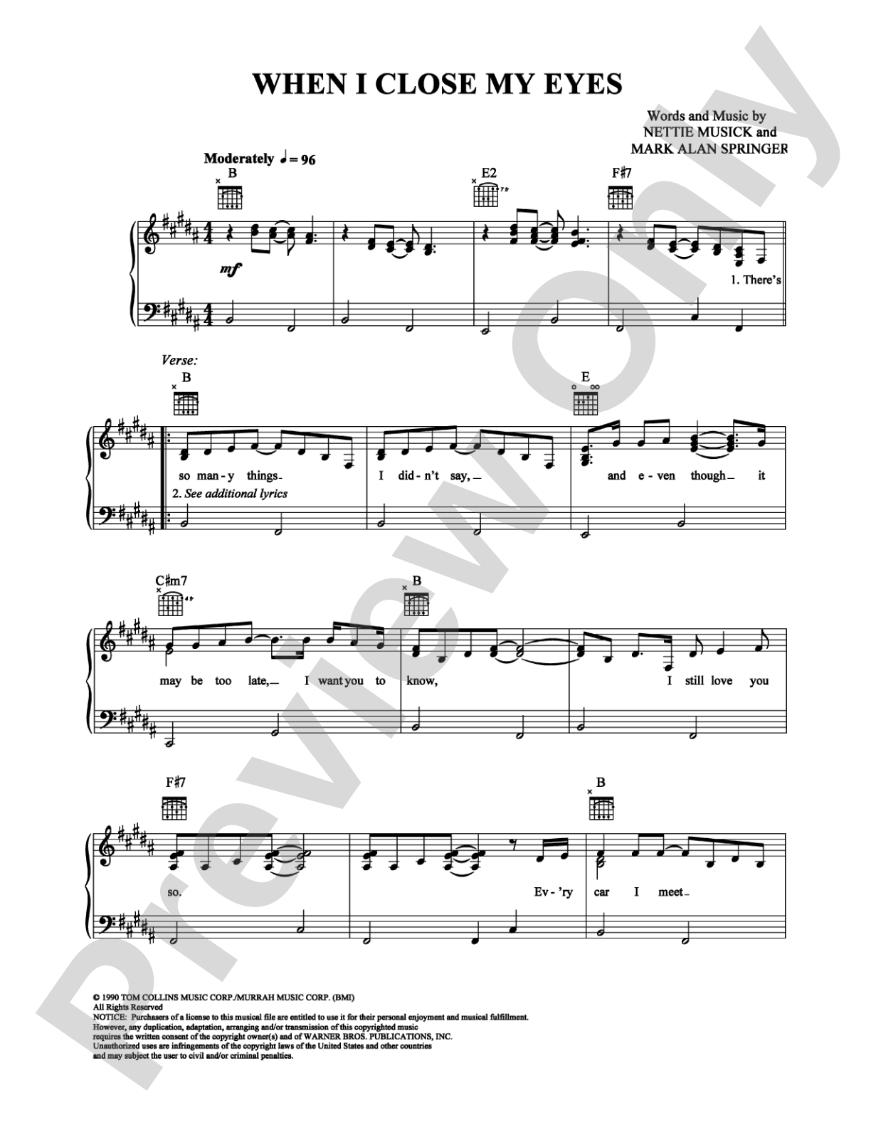 When I Close My Eyes: Piano/Vocal/Chords Digital Sheet Music