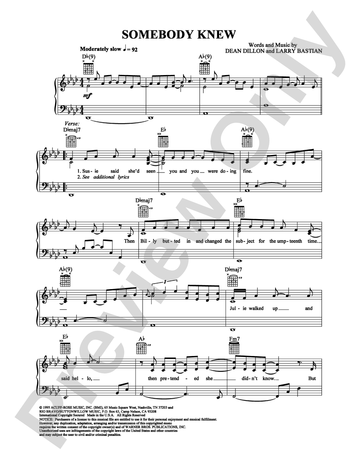 Somebody Knew: Piano/Vocal/Chords Digital Sheet Music
