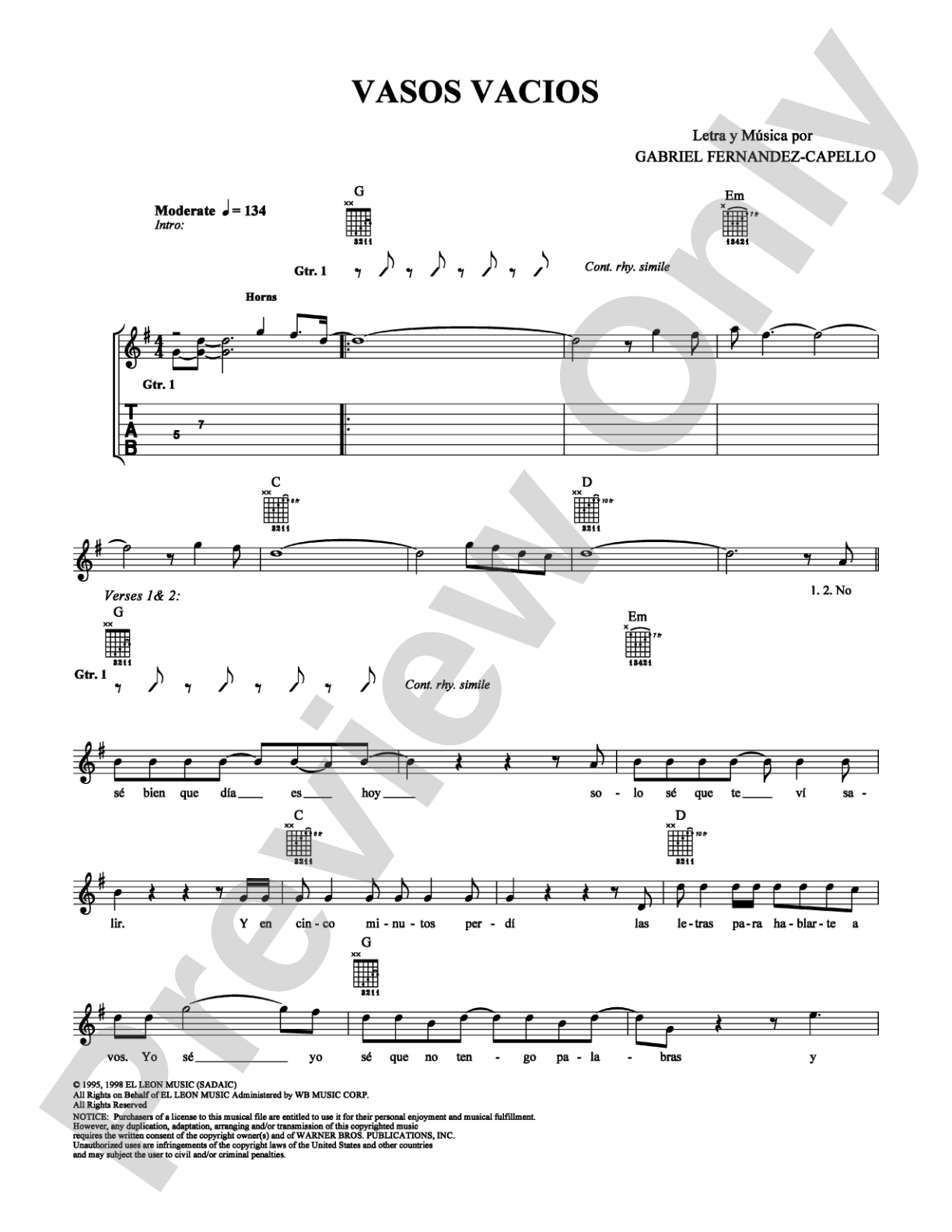 Vasos Vacios: Guitar TAB Digital Sheet Music