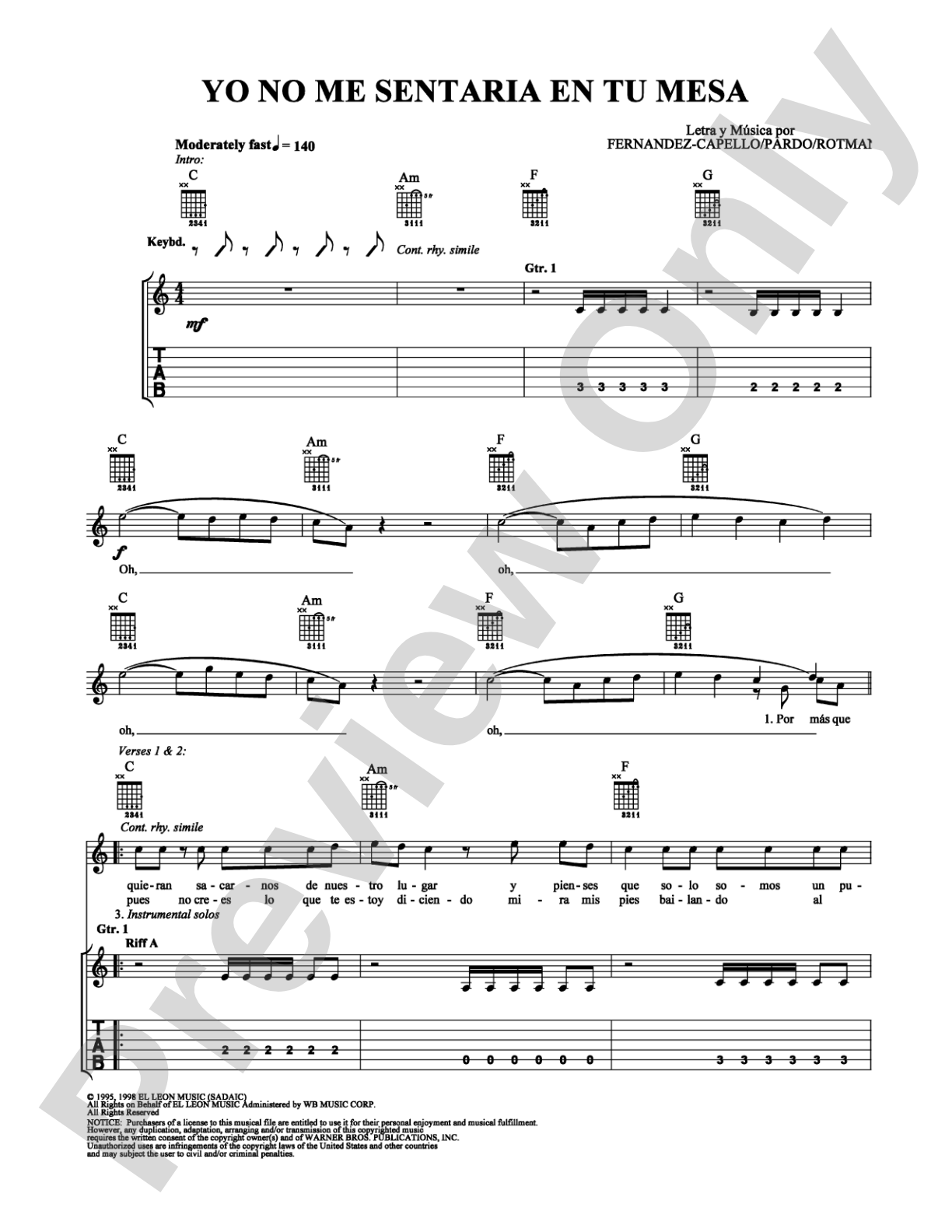 Yo No Me Sentaria En Tu Mesa: Guitar TAB Digital Sheet Music