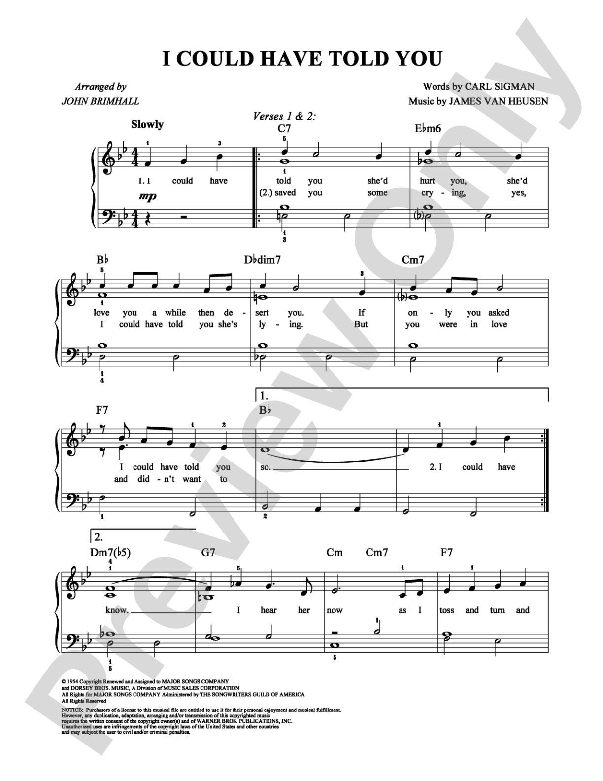 I Could Have Told You: Easy Piano Digital Sheet Music