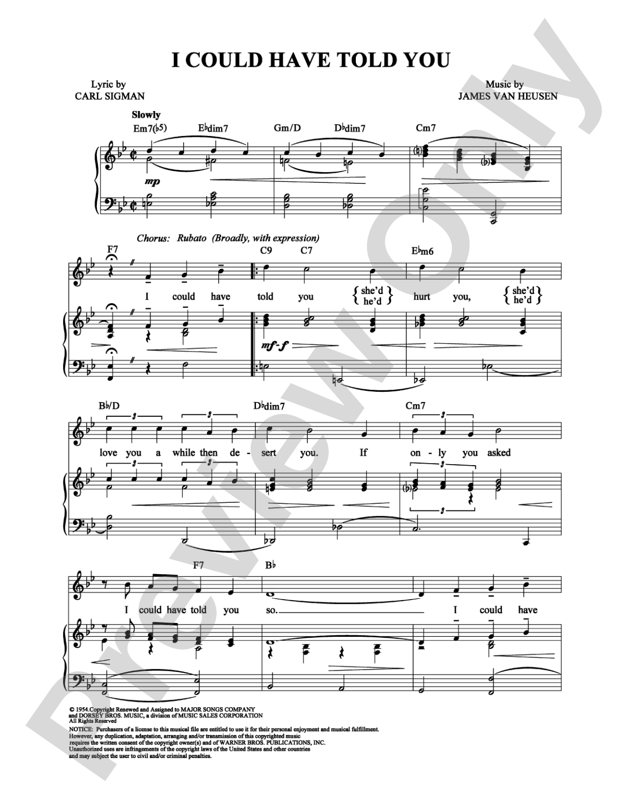 I Could Have Told You: Piano/Vocal/Chords Digital Sheet Music