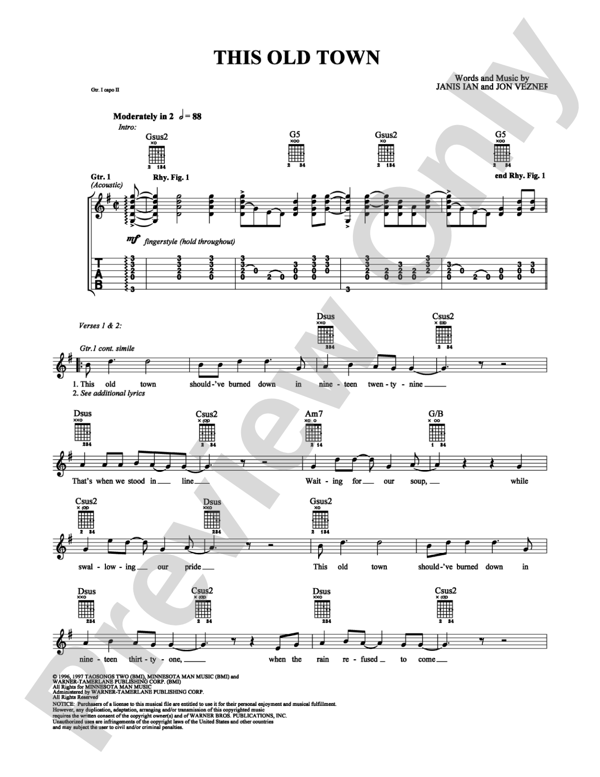 This Old Town: Guitar TAB Digital Sheet Music