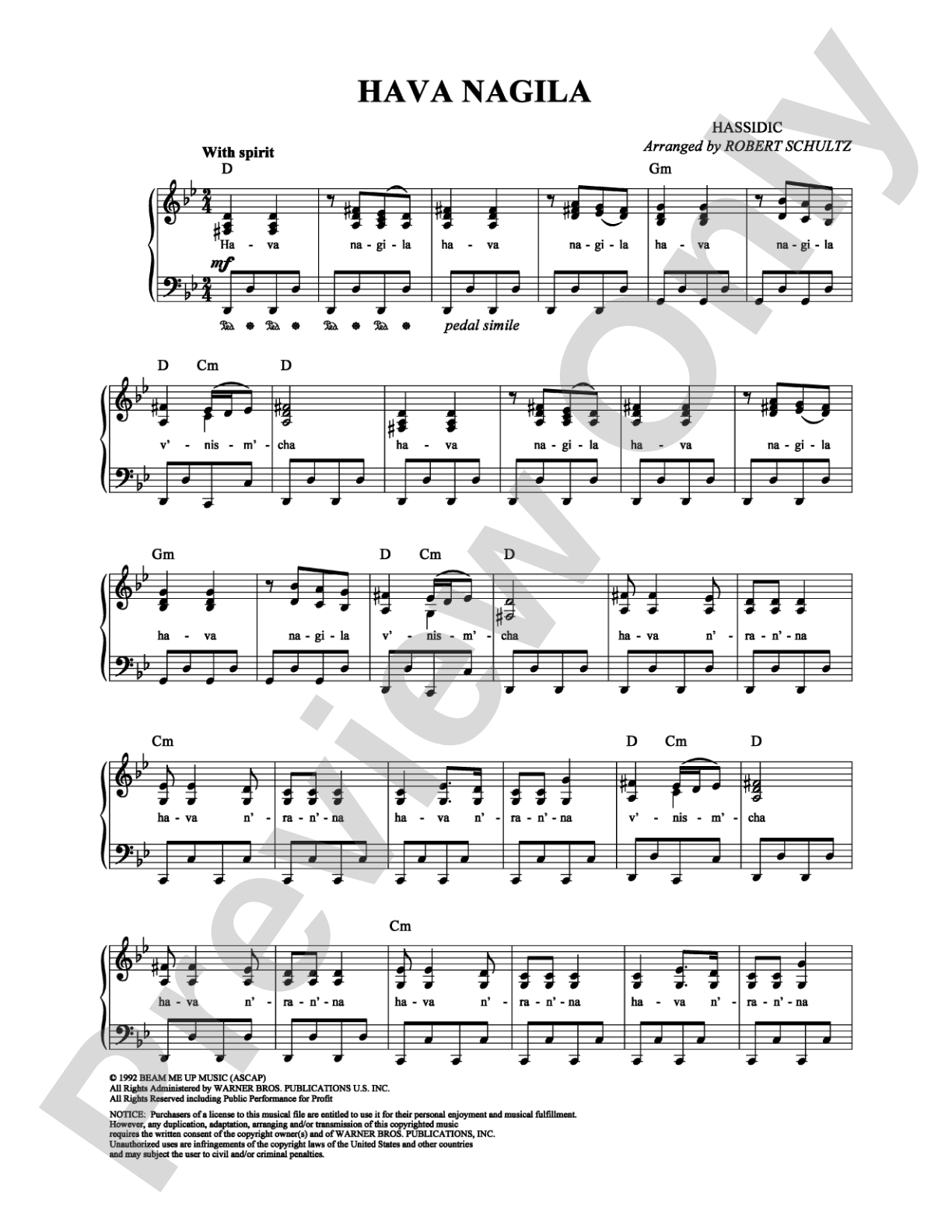 Hava Nagila: Piano/Vocal/Chords Digital Sheet Music