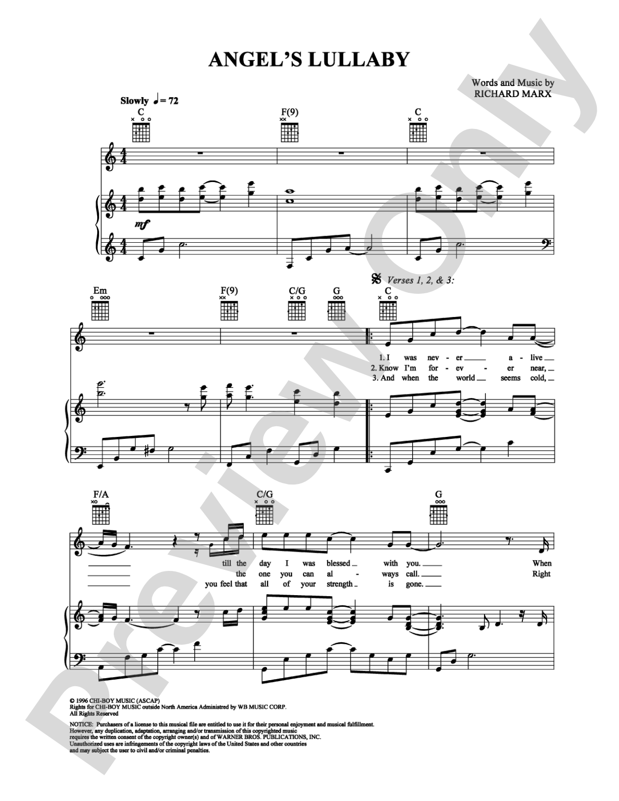 Angel's Lullaby: Piano/Vocal/Chords Digital Sheet Music