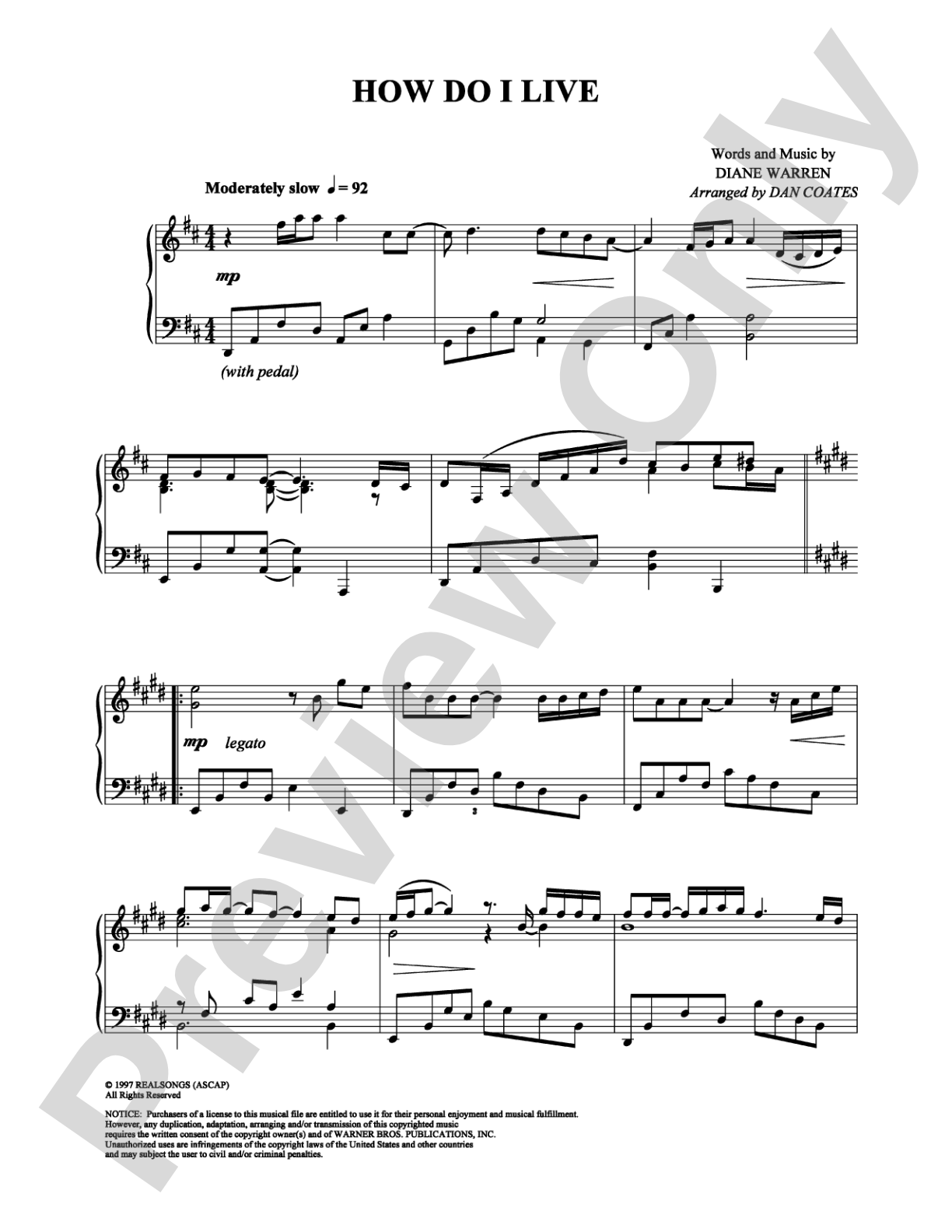 How Do I Live: Piano Digital Sheet Music