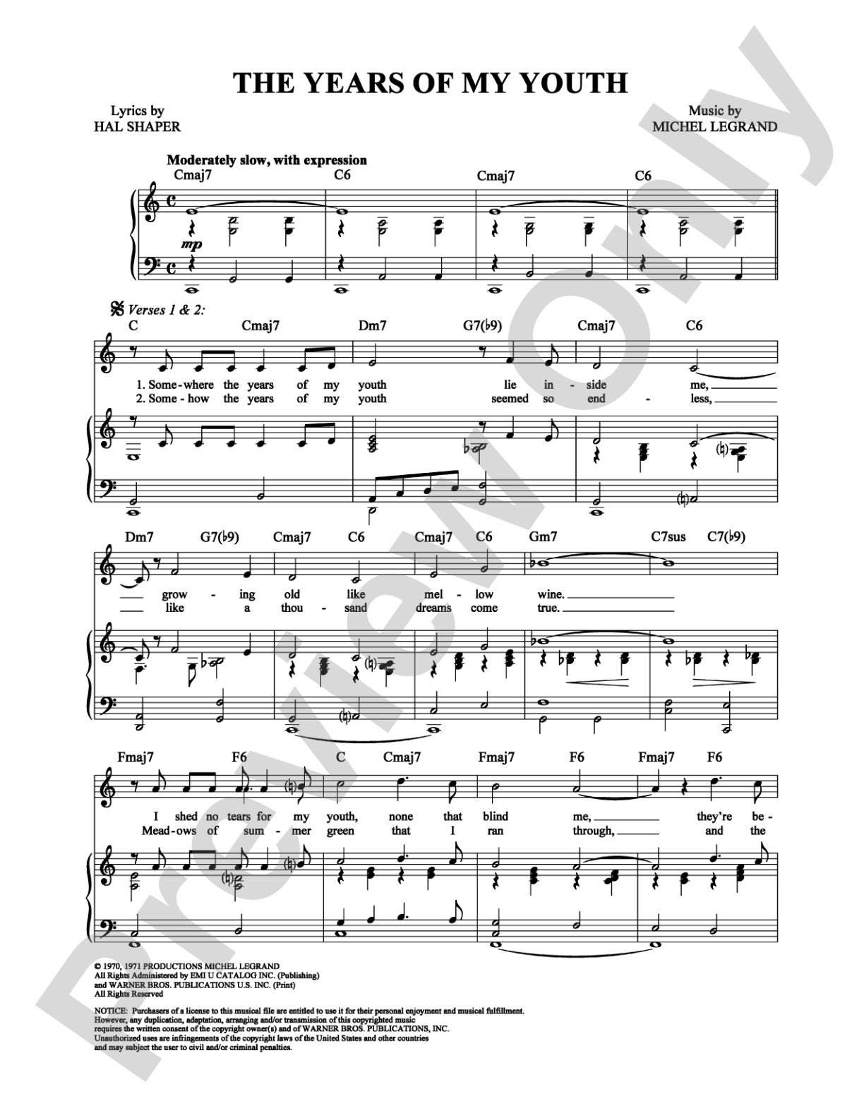 The Years of My Youth: Piano/Vocal/Chords Digital Sheet Music