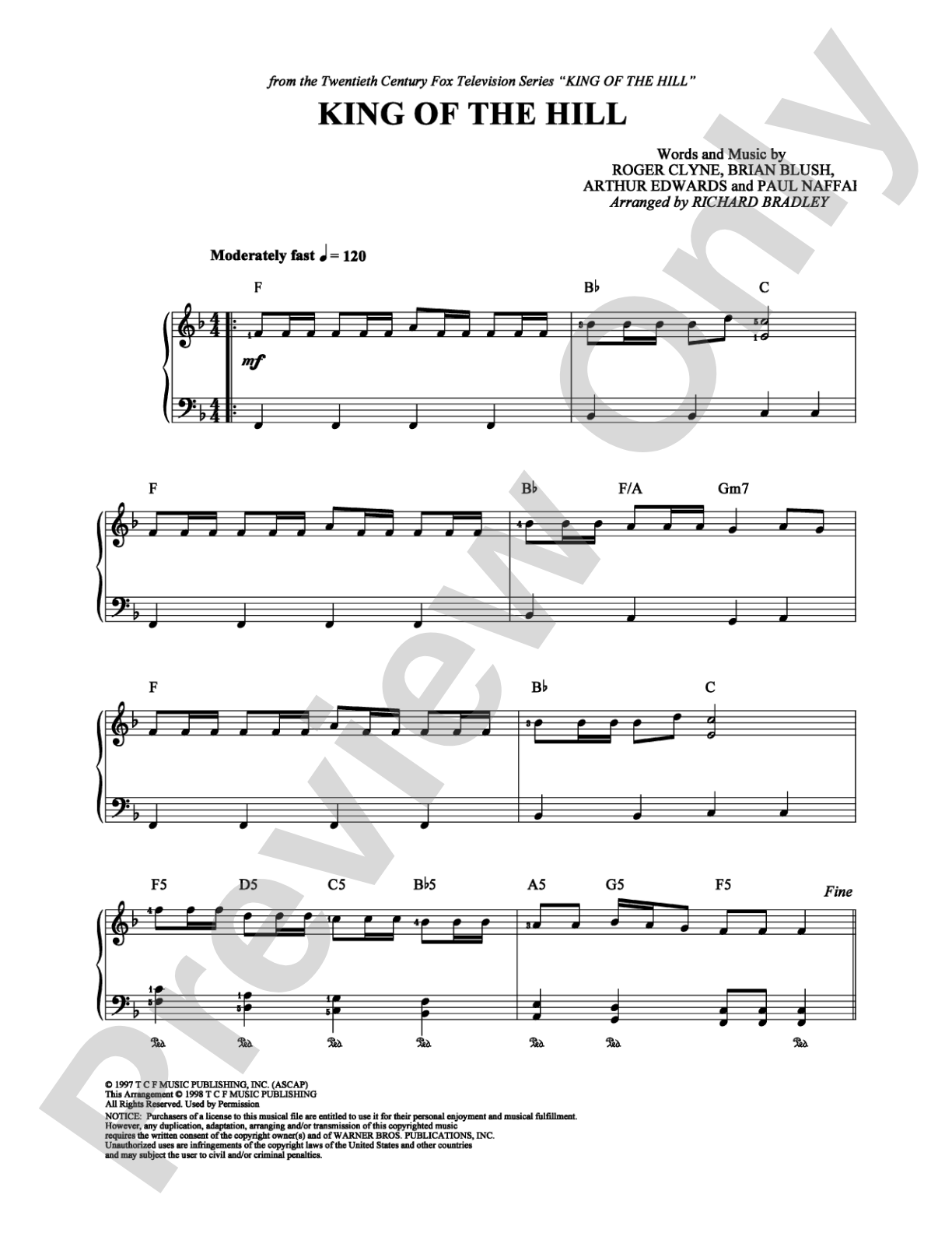 King of the Hill: Easy Piano Digital Sheet Music