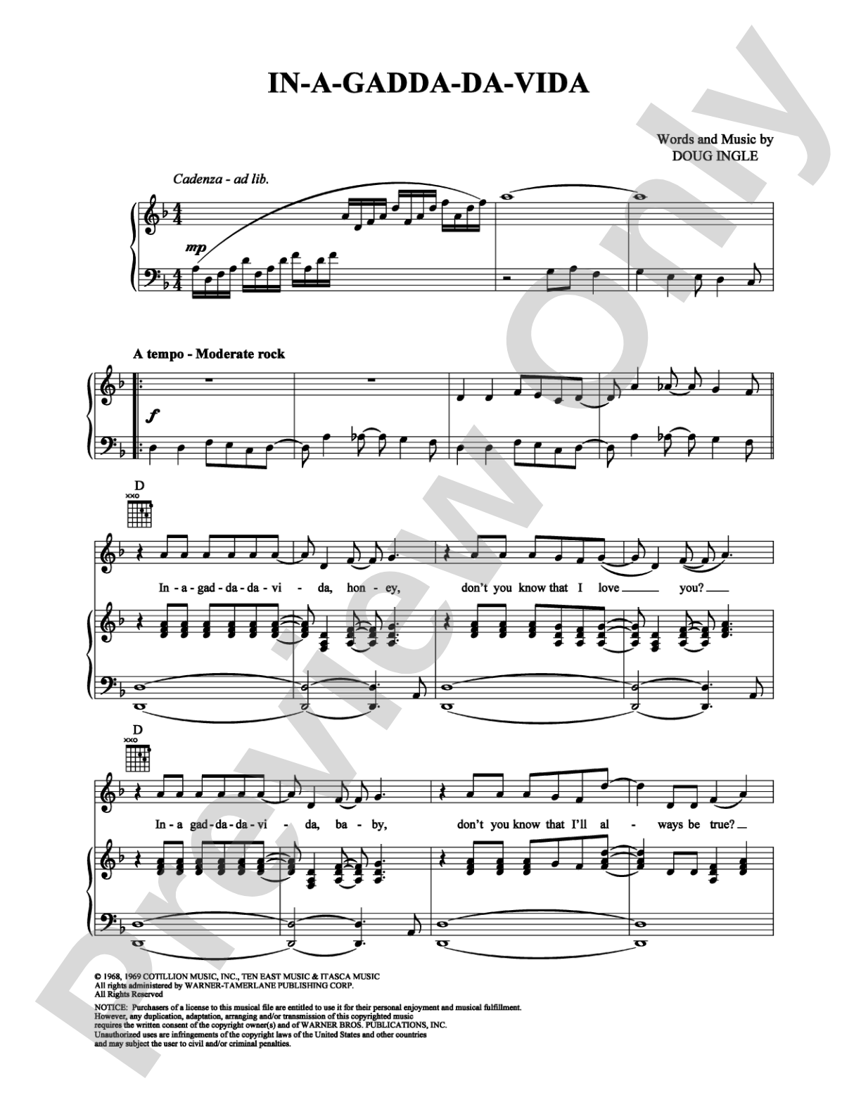 In-A-Gadda-Da-Vida: Piano/Vocal/Chords Digital Sheet Music