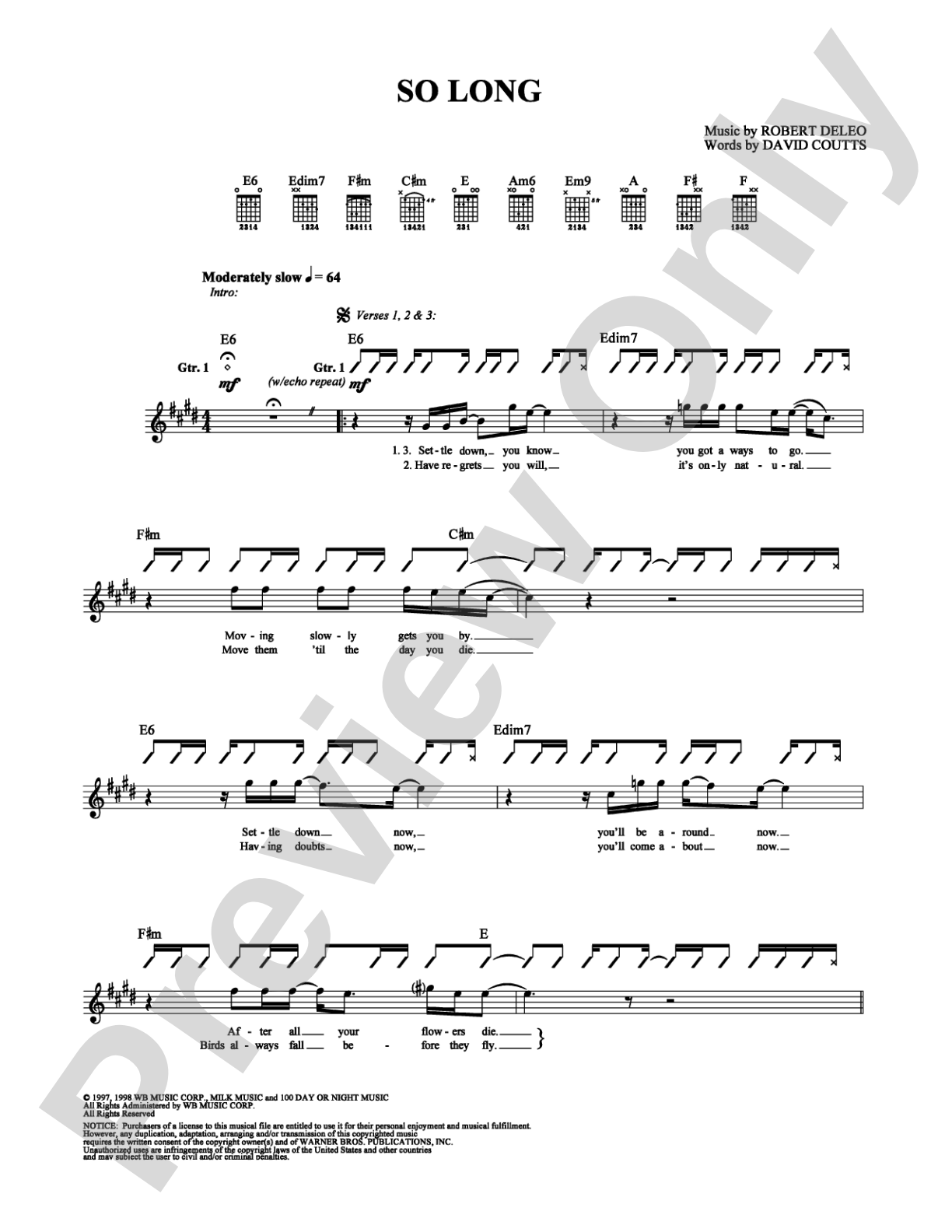 So Long: Guitar TAB Digital Sheet Music