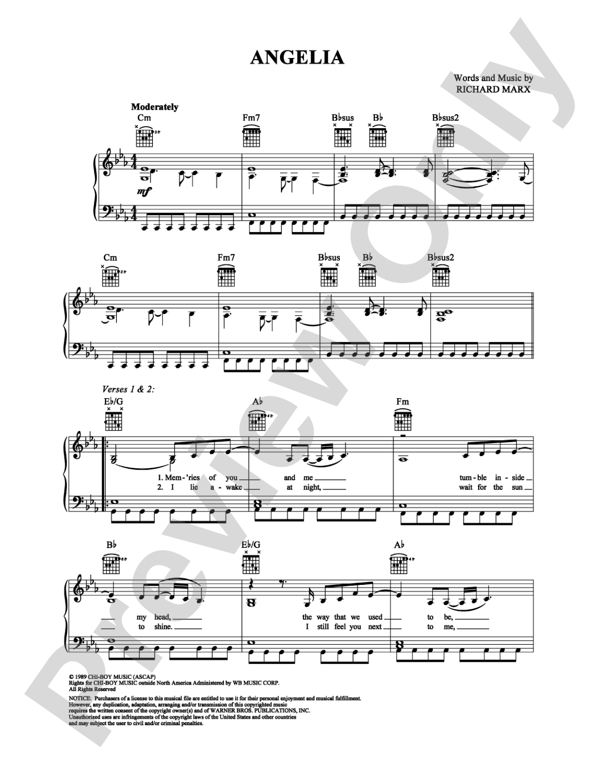 Angelia: Piano/Vocal/Chords Digital Sheet Music