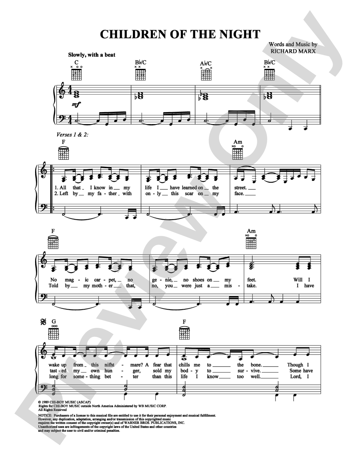 Children of the Night: Piano/Vocal/Chords Digital Sheet Music