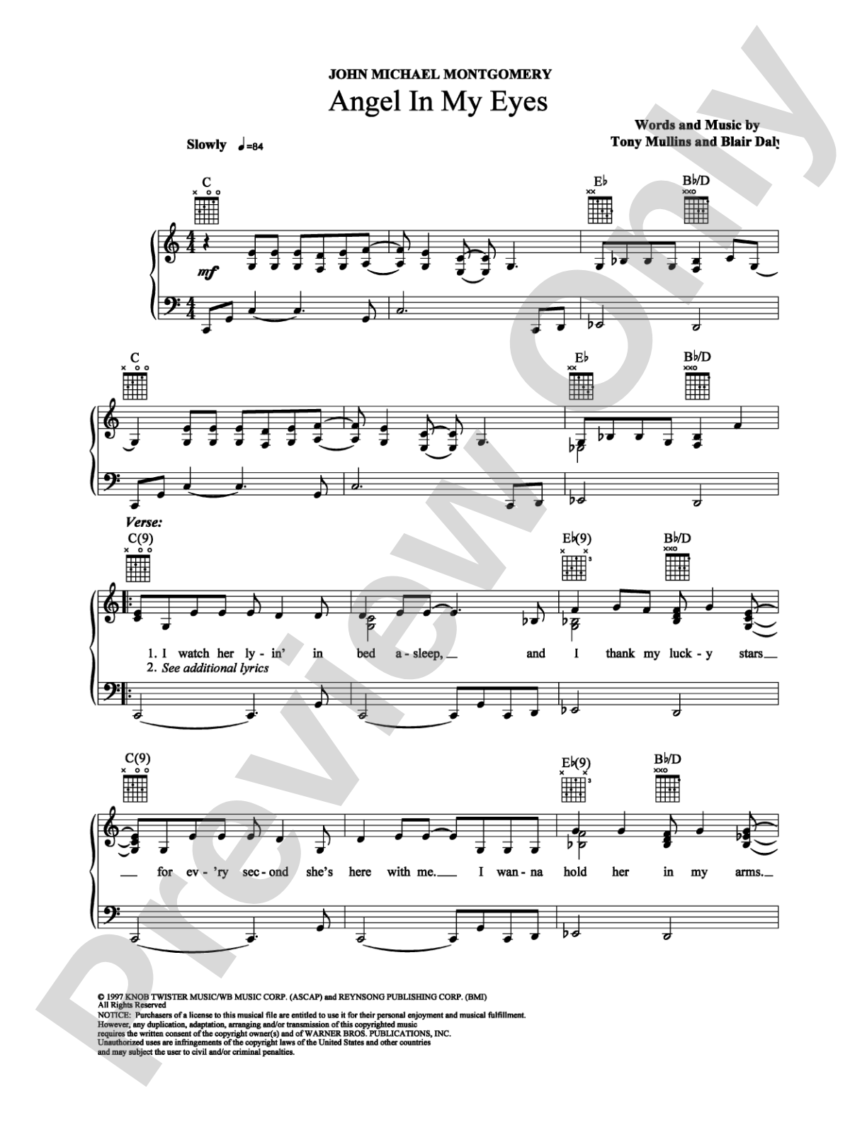 Angel in My Eyes: Piano/Vocal/Chords Digital Sheet Music