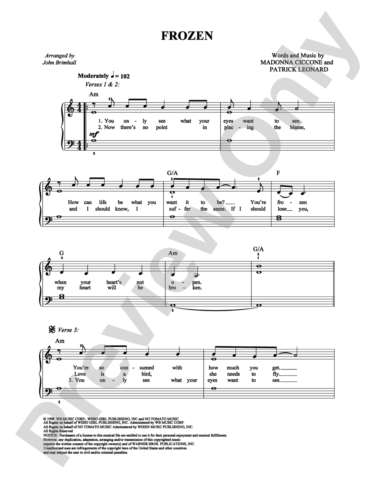Frozen: Easy Piano Digital Sheet Music