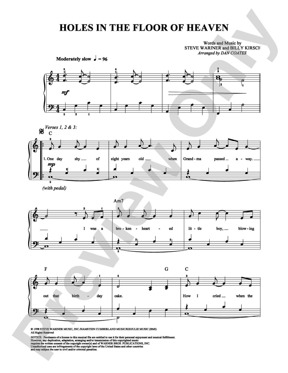 Holes In The Floor Of Heaven: Easy Piano Digital Sheet Music